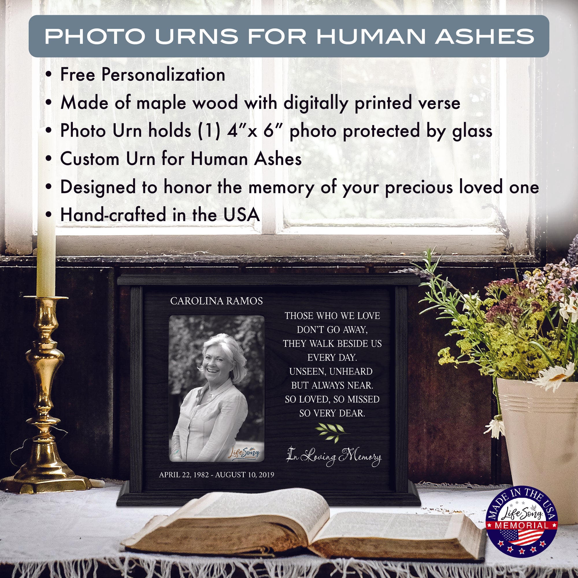 Custom Wooden Urns for Human Ashes with Photo Frame| Memorial Picture Cremation Urn Box holds Adult male and Female AshAsh- Those Who We Love