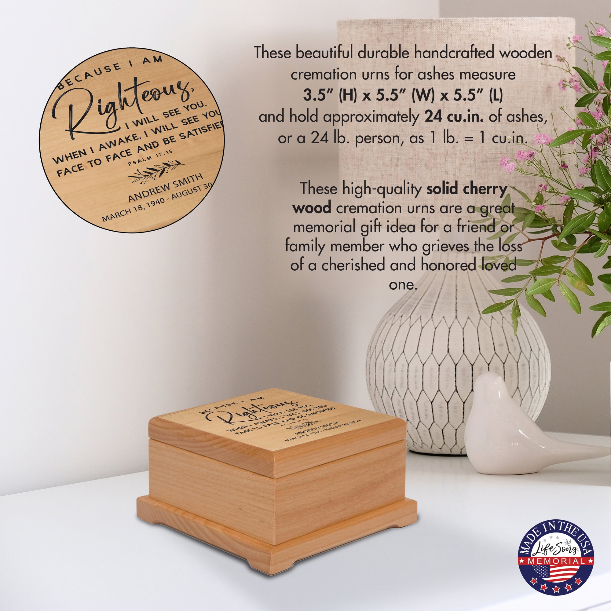 Personalized Wooden Memorial Cremation Keepsake Decorative Urn Box In Various Verses - LifeSong Milestones