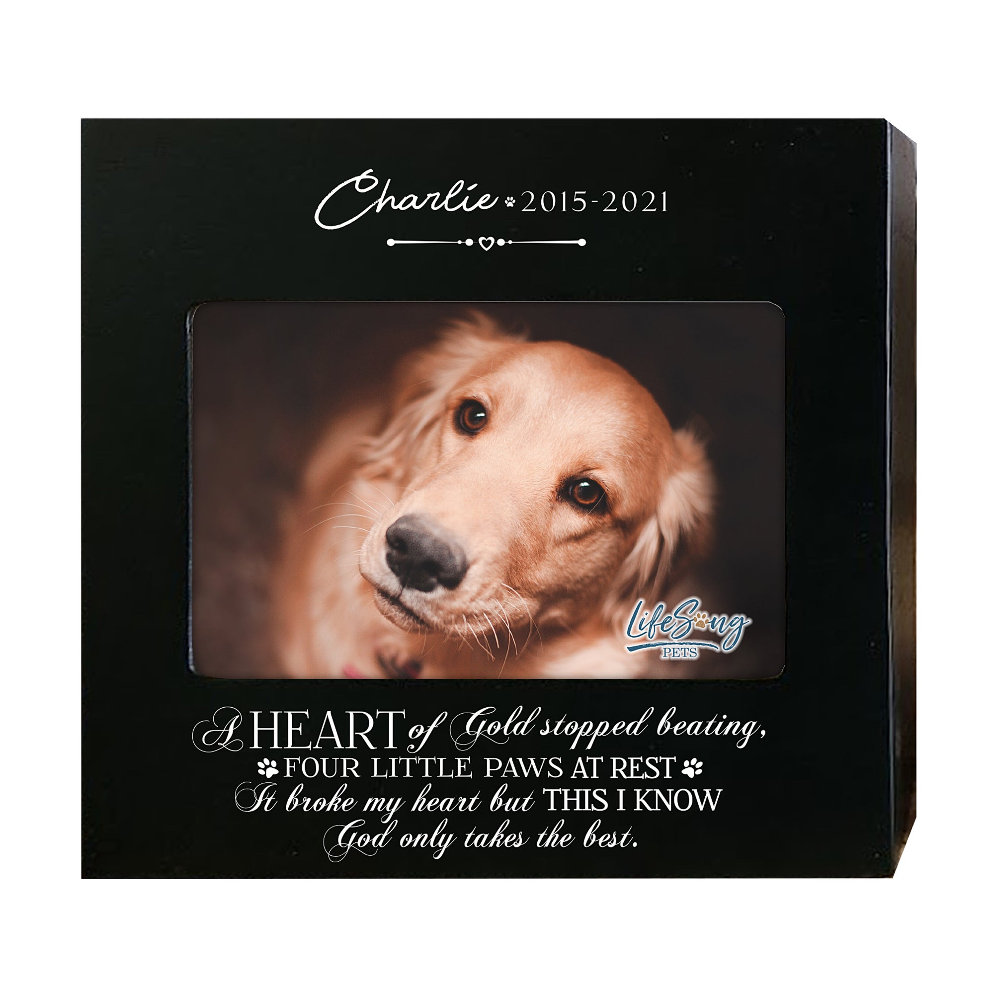 A black wooden pet photo urn featuring a touching remembrance quote.