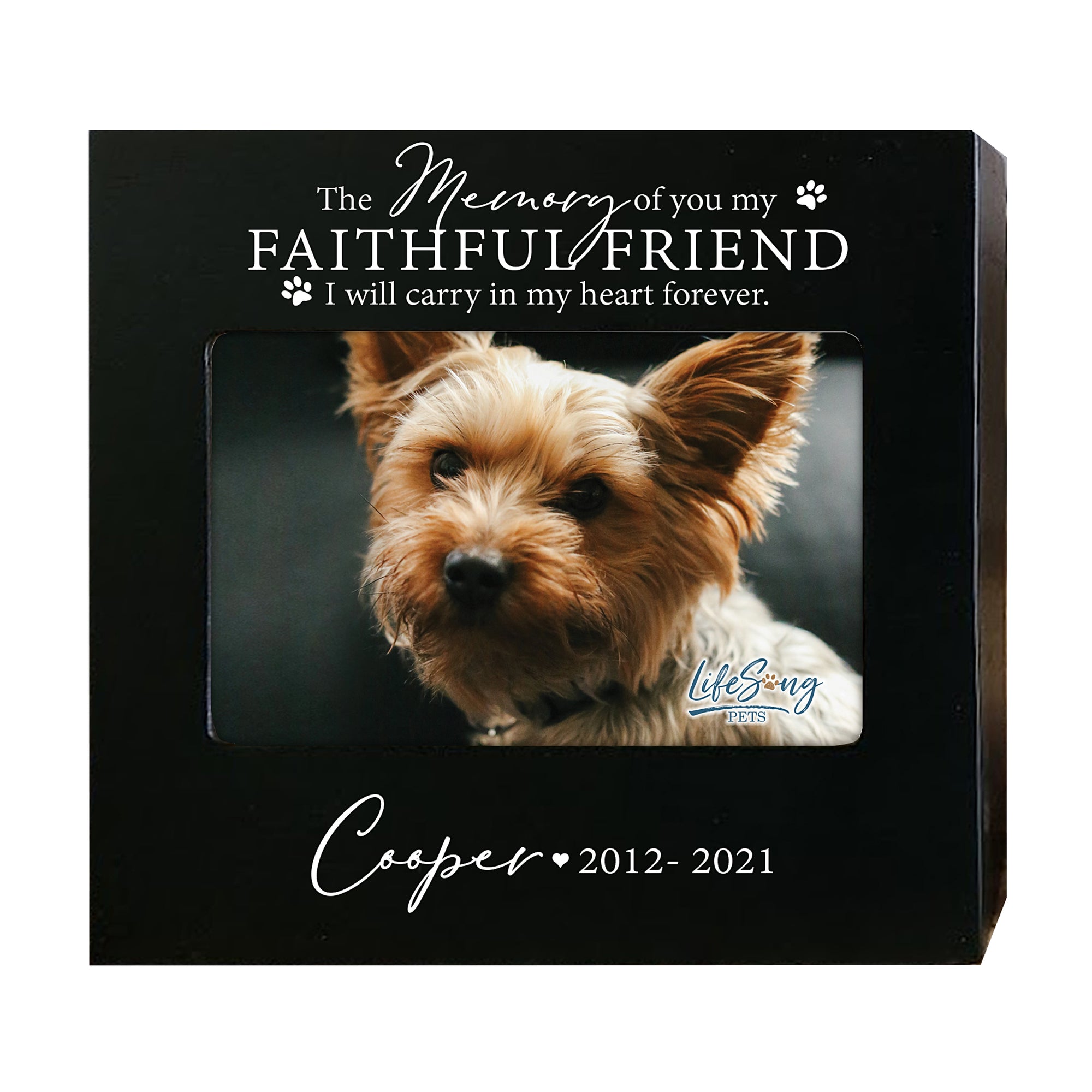 Pet tribute featuring a heartfelt message and picture on a sleek black wooden pet photo urn.