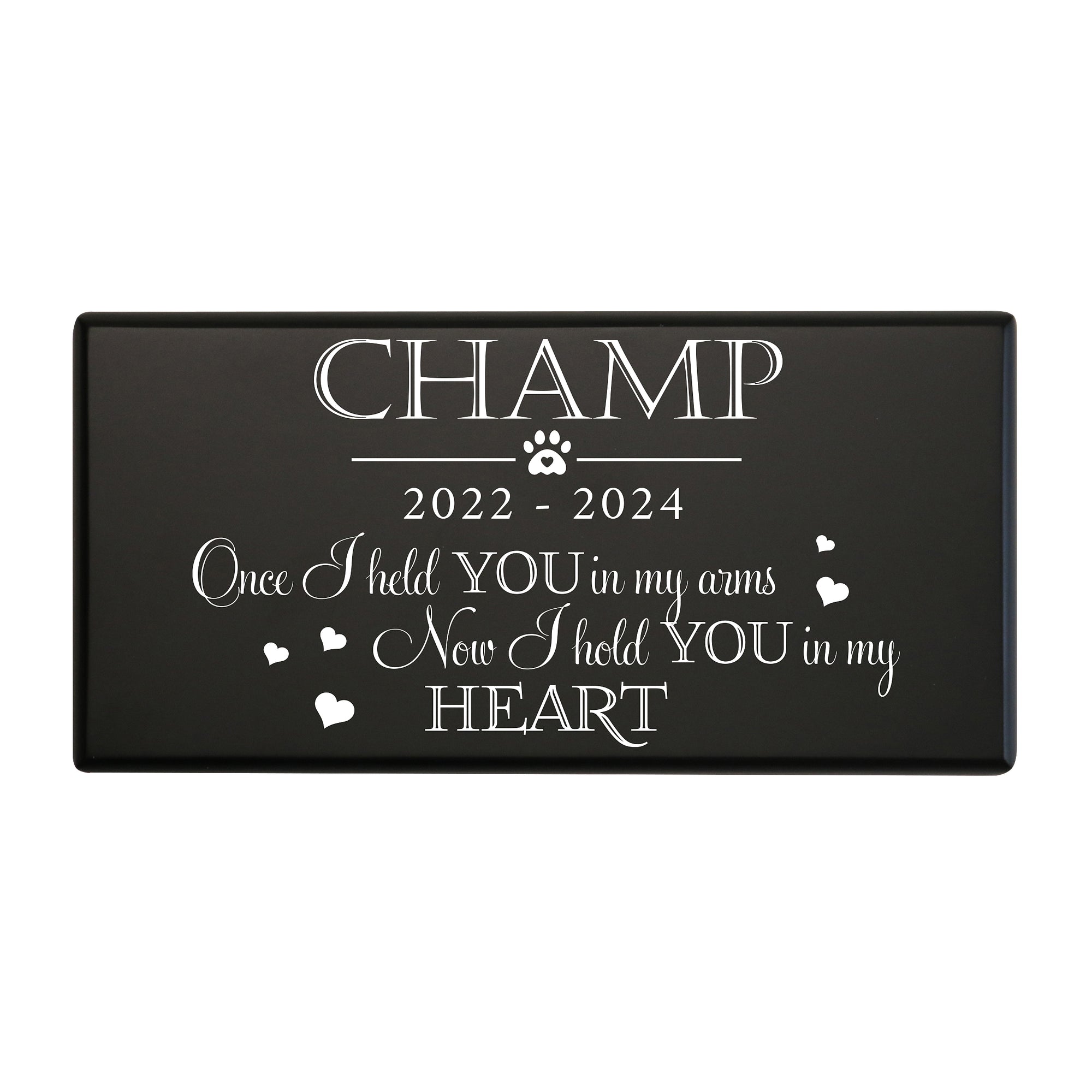 A black pet cremation urns with a heartfelt message in white script