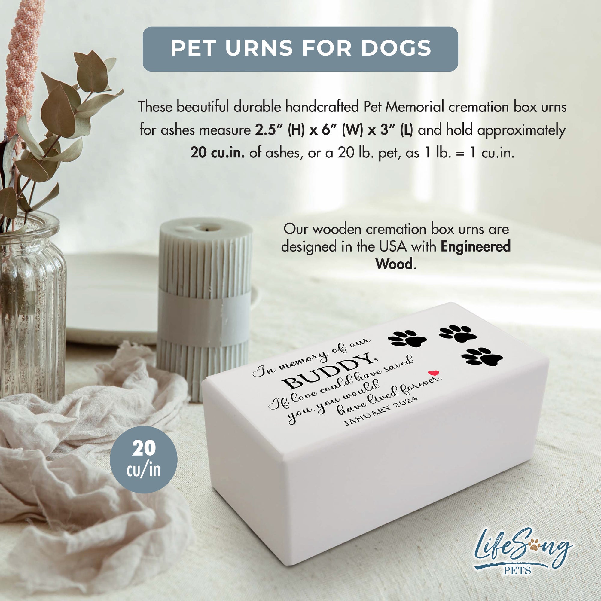 A white wooden urn for dog ashes, customizable with a photo and text, designed to hold up to 20 cubic inches.