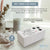 A white wooden urn for dog ashes, customizable with a photo and text, designed to hold up to 20 cubic inches.