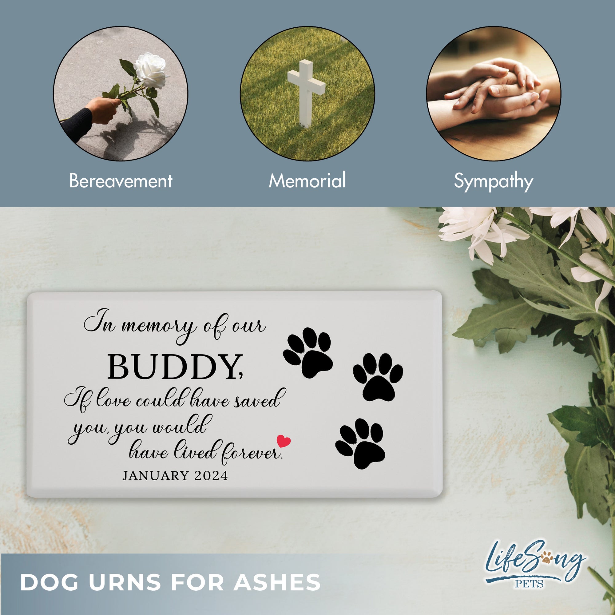 A white shoebox-style pet urn with a touching poem, a pet’s photo, and symbolic elements of bereavement, remembrance, and sympathy.