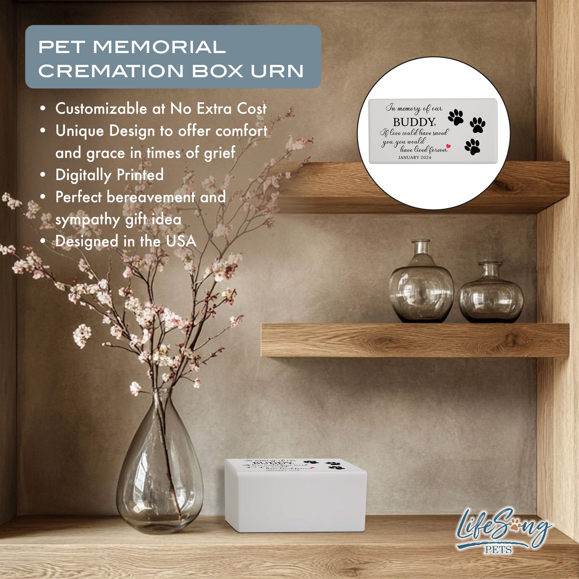 A customized pet memorial urn displayed on a shelf with decor, featuring text about personalization and handcrafted craftsmanship.