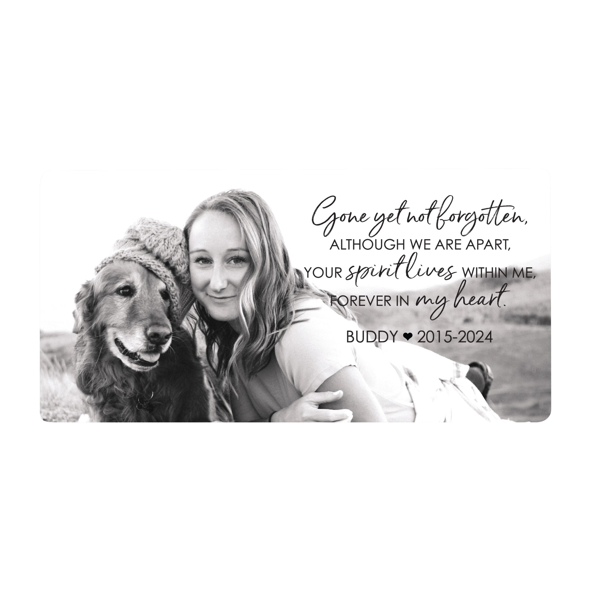 A personalized pet cremation urn with a woman lovingly hugs her dog in a memorial photo with a heartfelt tribute.