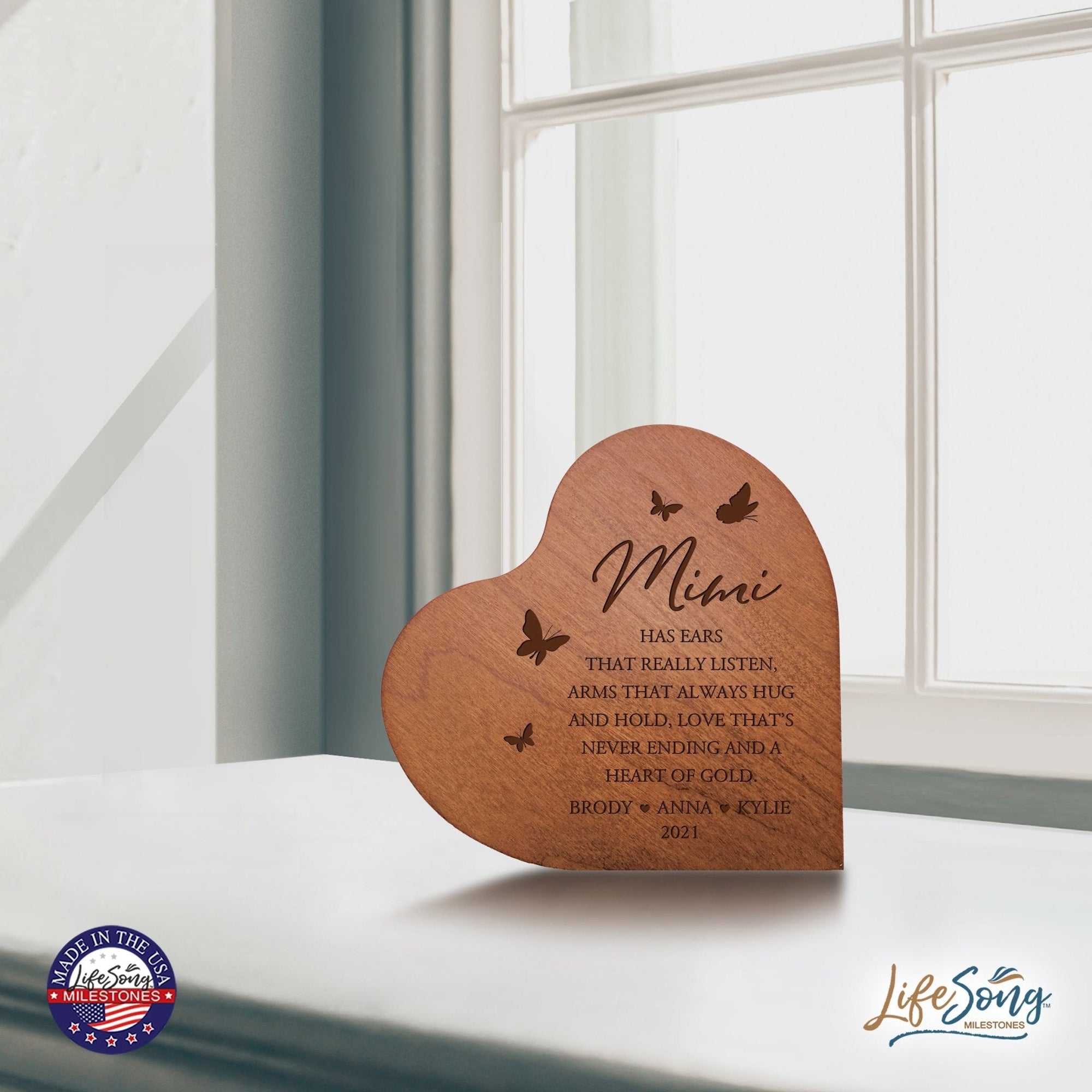 Personalized Modern Mimi’s Love Solid Wood Heart Decoration With Inspirational Verse Keepsake Gift 5x5.25 - Mimi Has Ears That Really = Heart Of Gold - LifeSong Milestones