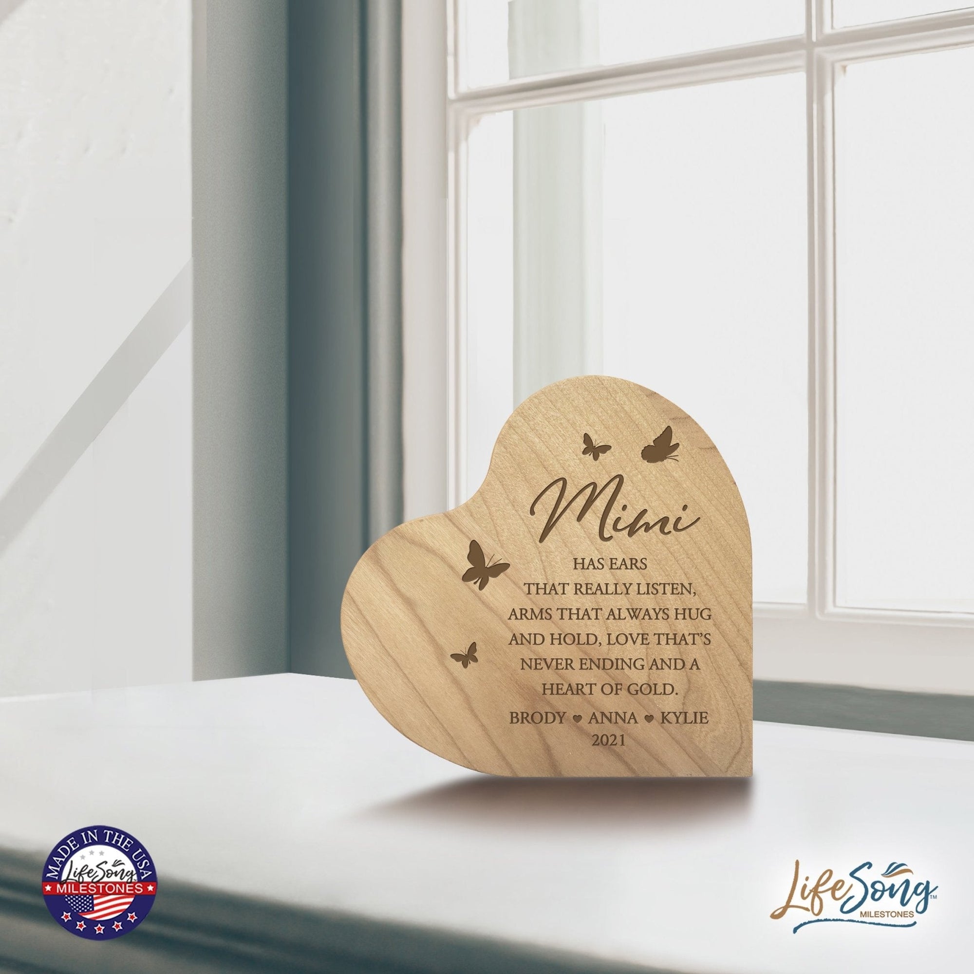 Personalized Modern Mimi’s Love Solid Wood Heart Decoration With Inspirational Verse Keepsake Gift 5x5.25 - Mimi Has Ears That Really = Heart Of Gold - LifeSong Milestones