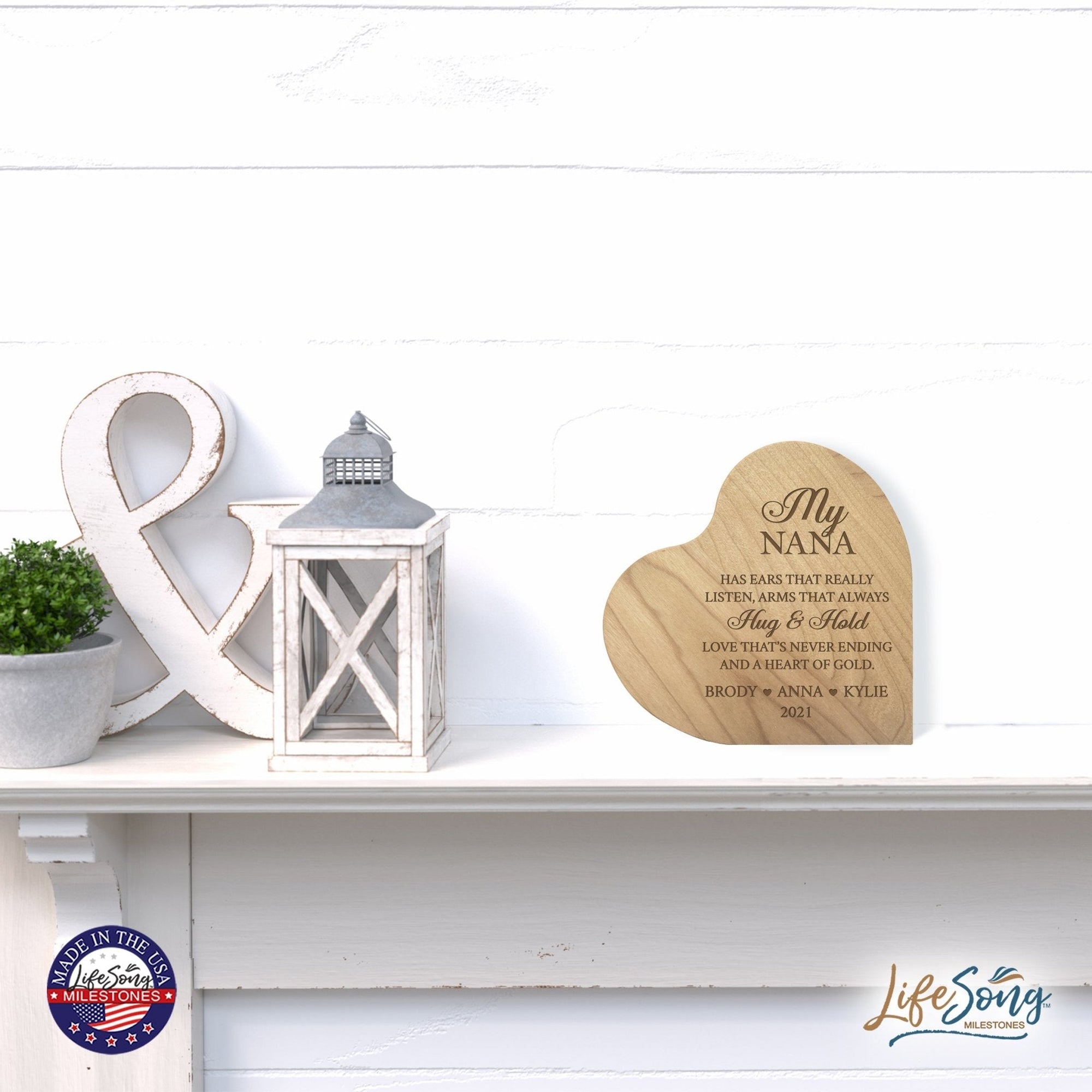 Personalized Modern Nana’s Love Solid Wood Heart Decoration With Inspirational Verse Keepsake Gift 5x5.25 - Nana Has Ears That Really = Hug & Hold - LifeSong Milestones