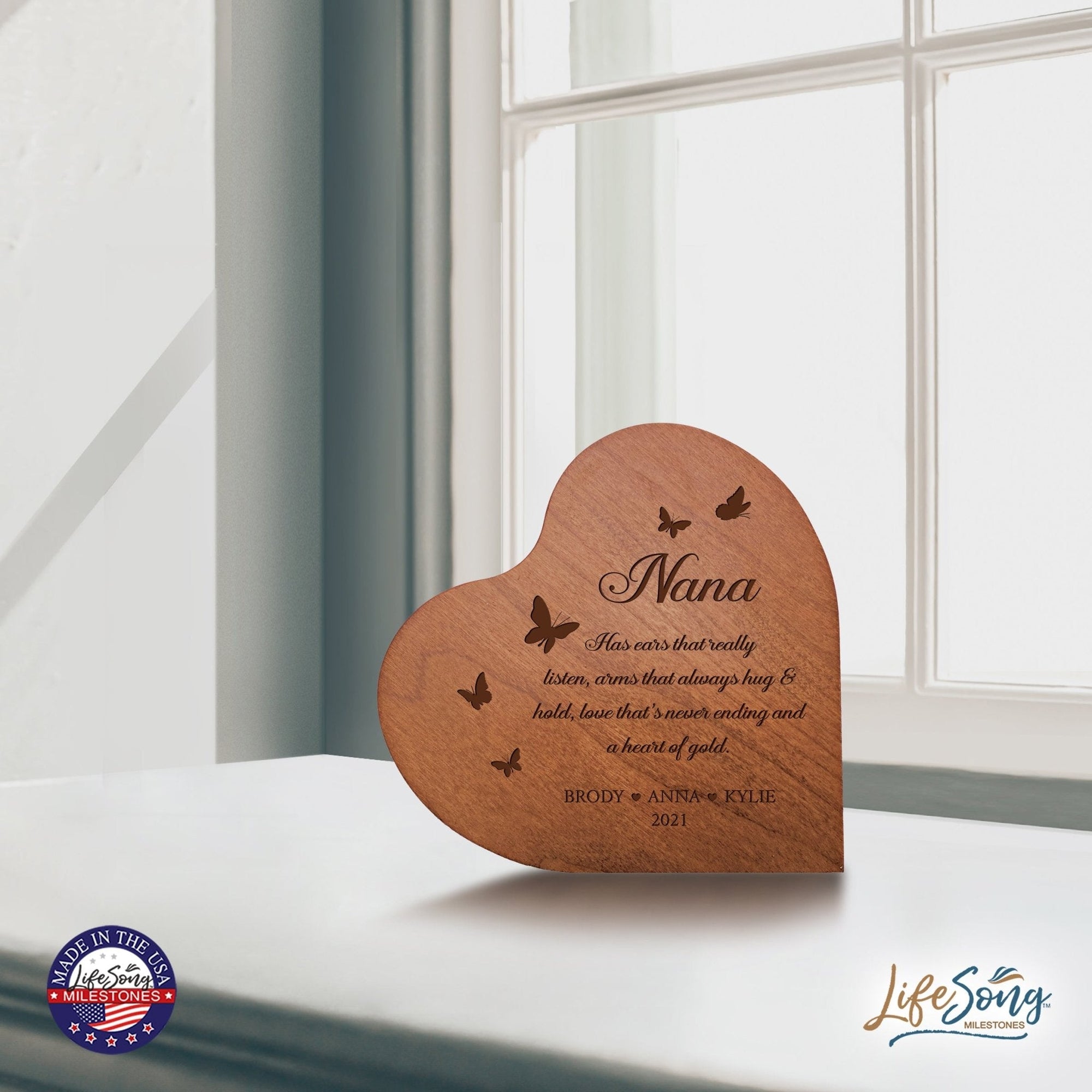 Personalized Modern Nana’s Love Solid Wood Heart Decoration With Inspirational Verse Keepsake Gift 5x5.25 - Nana Has Ears That Really = Never Ending - LifeSong Milestones