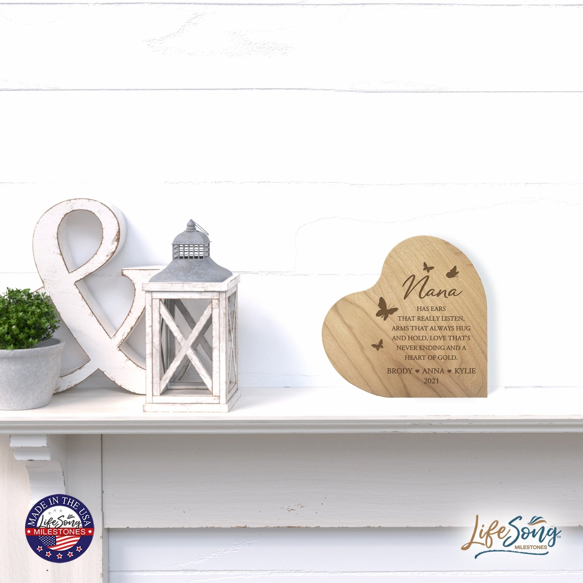 Personalized Modern Nana’s Love Solid Wood Heart Decoration With Inspirational Verse Keepsake Gift 5x5.25 - Nana Has Ears That Really = Never Ending - LifeSong Milestones