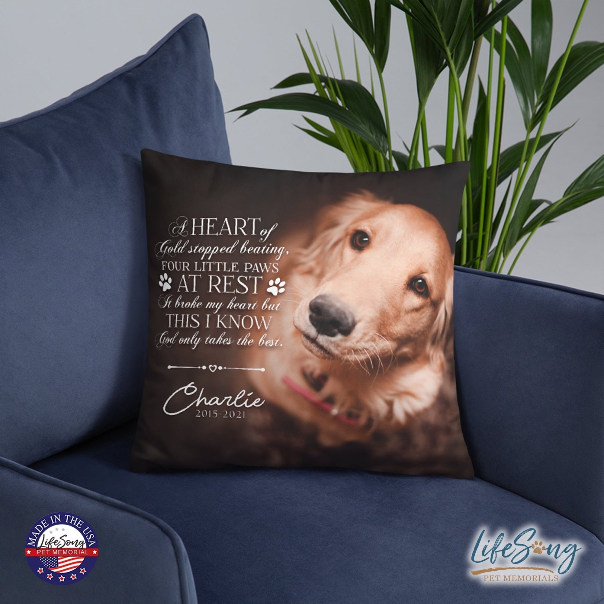 Personalized Pet Memorial Printed Throw Pillow - A Heart of Gold - LifeSong Milestones