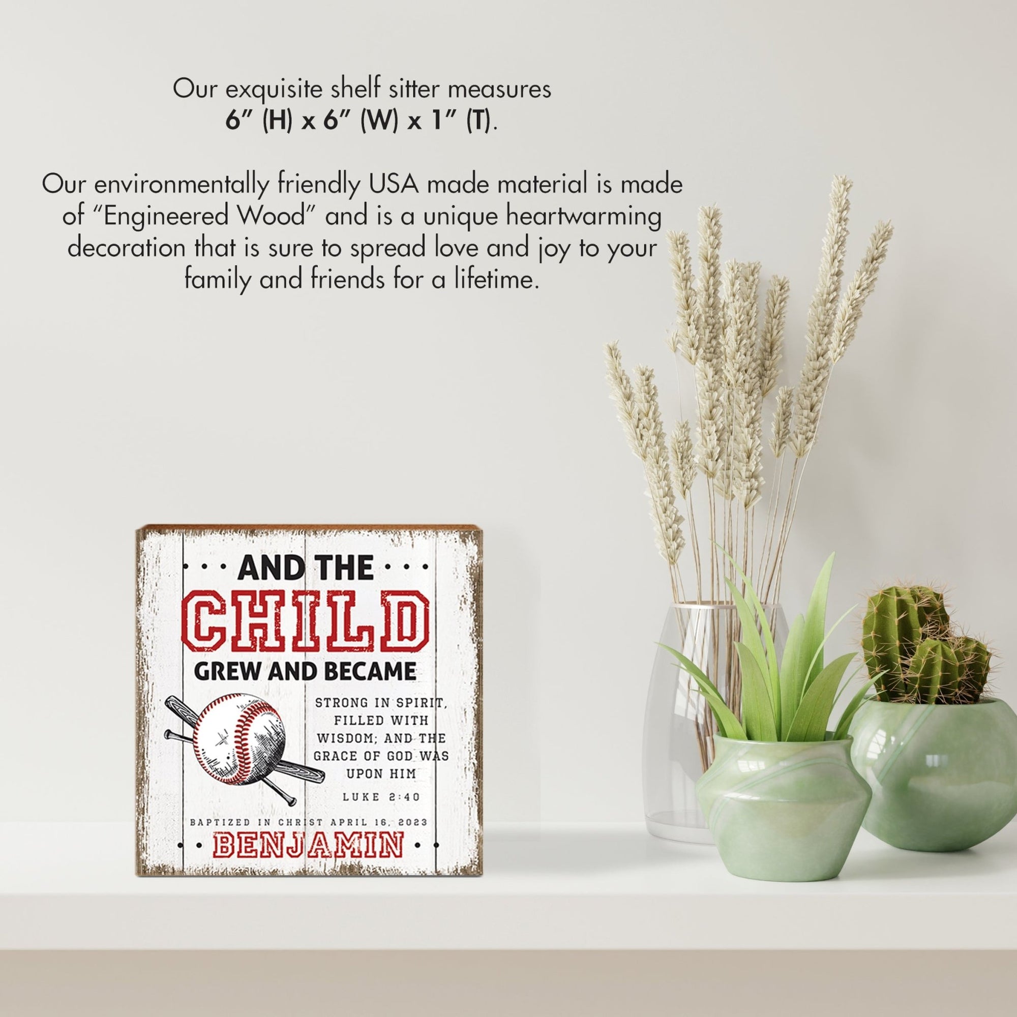 Personalized Rustic Wooden Baseball Shadow Box Shelf Décor With Inspiring Bible Verses - And The Child - LifeSong Milestones
