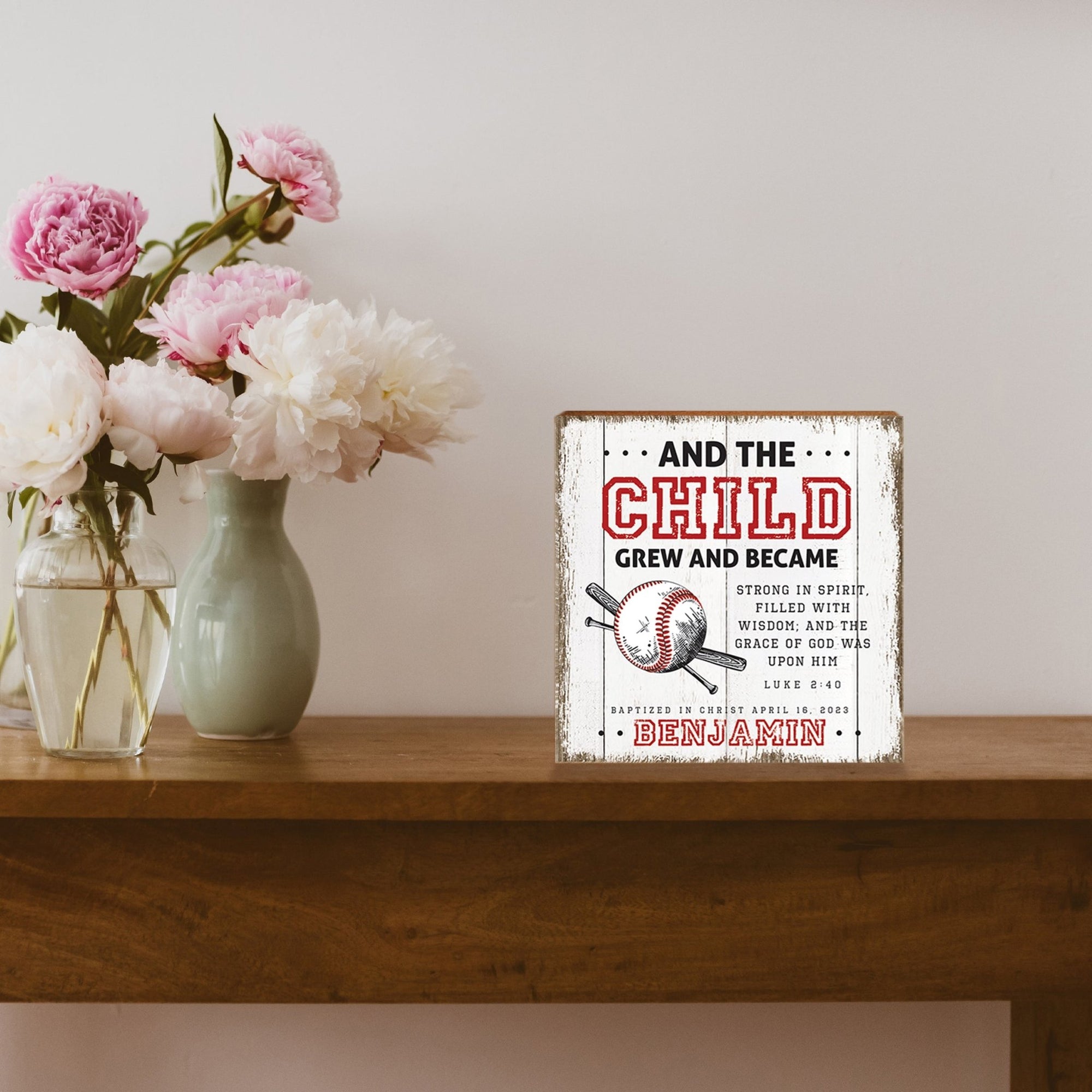 Personalized Rustic Wooden Baseball Shadow Box Shelf Décor With Inspiring Bible Verses - And The Child - LifeSong Milestones