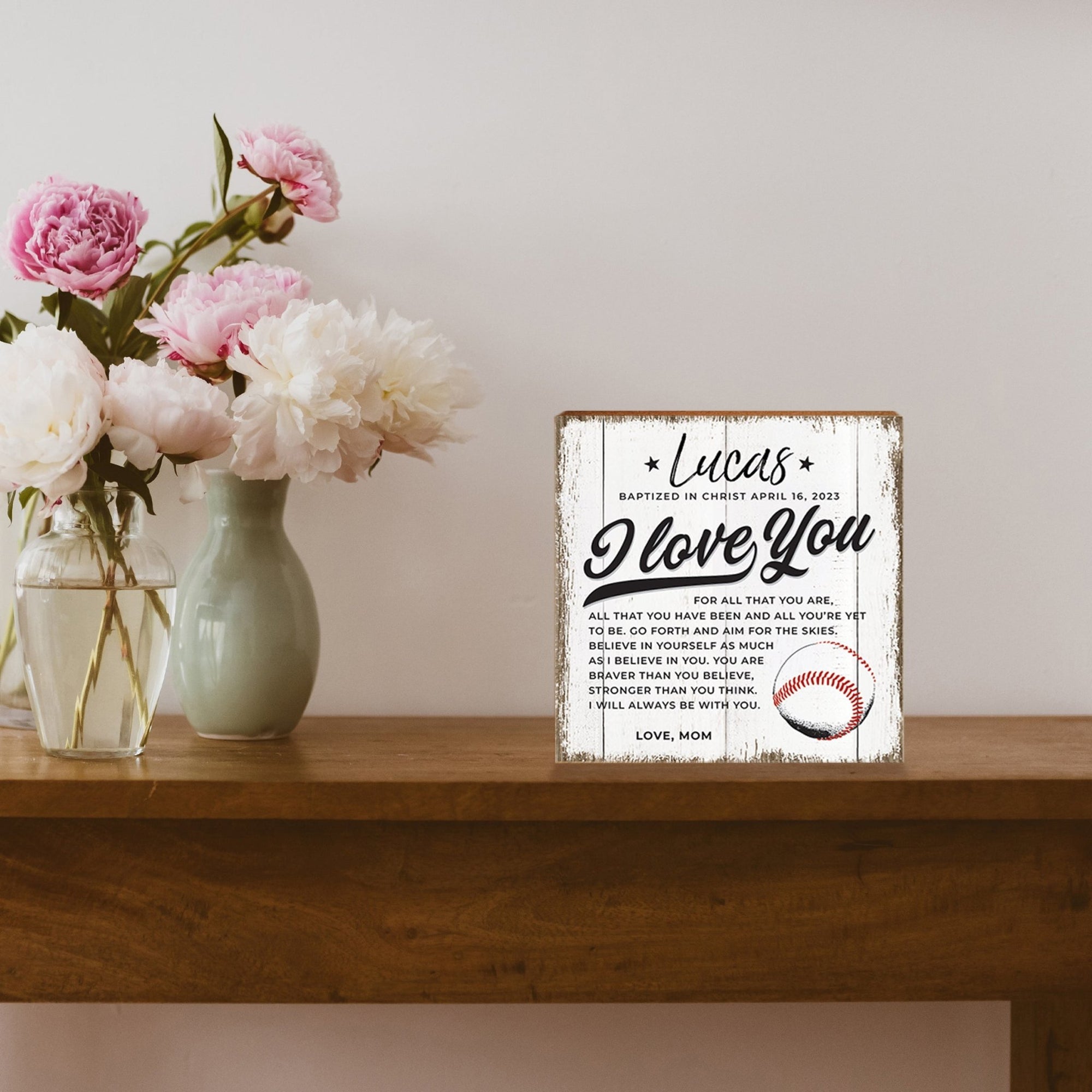 Personalized Rustic Wooden Baseball Shadow Box Shelf Décor With Inspiring Bible Verses - I Love You - LifeSong Milestones