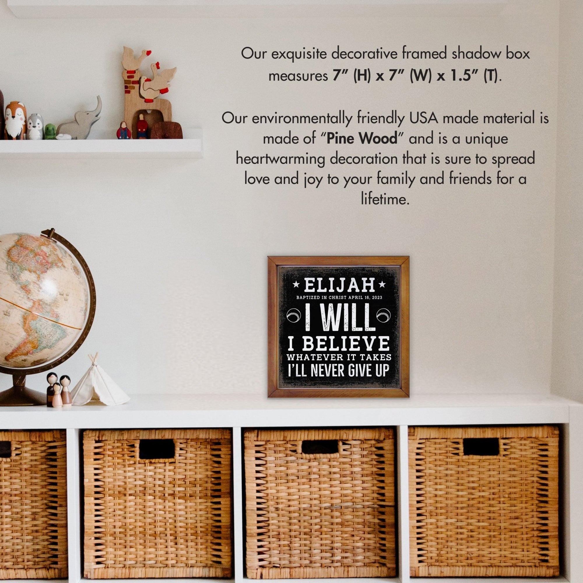 Personalized Rustic Wooden Baseball Shadow Box Shelf Décor With Inspiring Bible Verses - I Will, I Believe - LifeSong Milestones