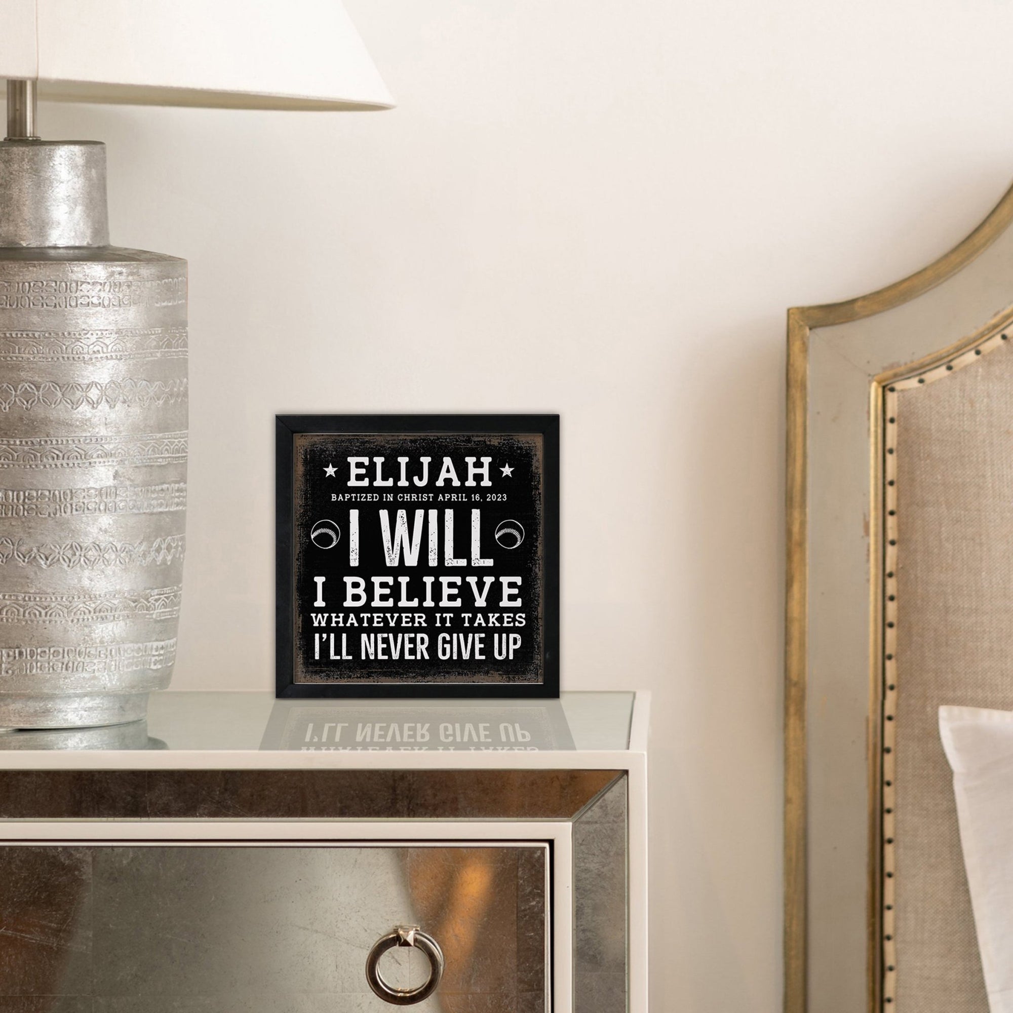 Personalized Rustic Wooden Baseball Shadow Box Shelf Décor With Inspiring Bible Verses - I Will, I Believe - LifeSong Milestones