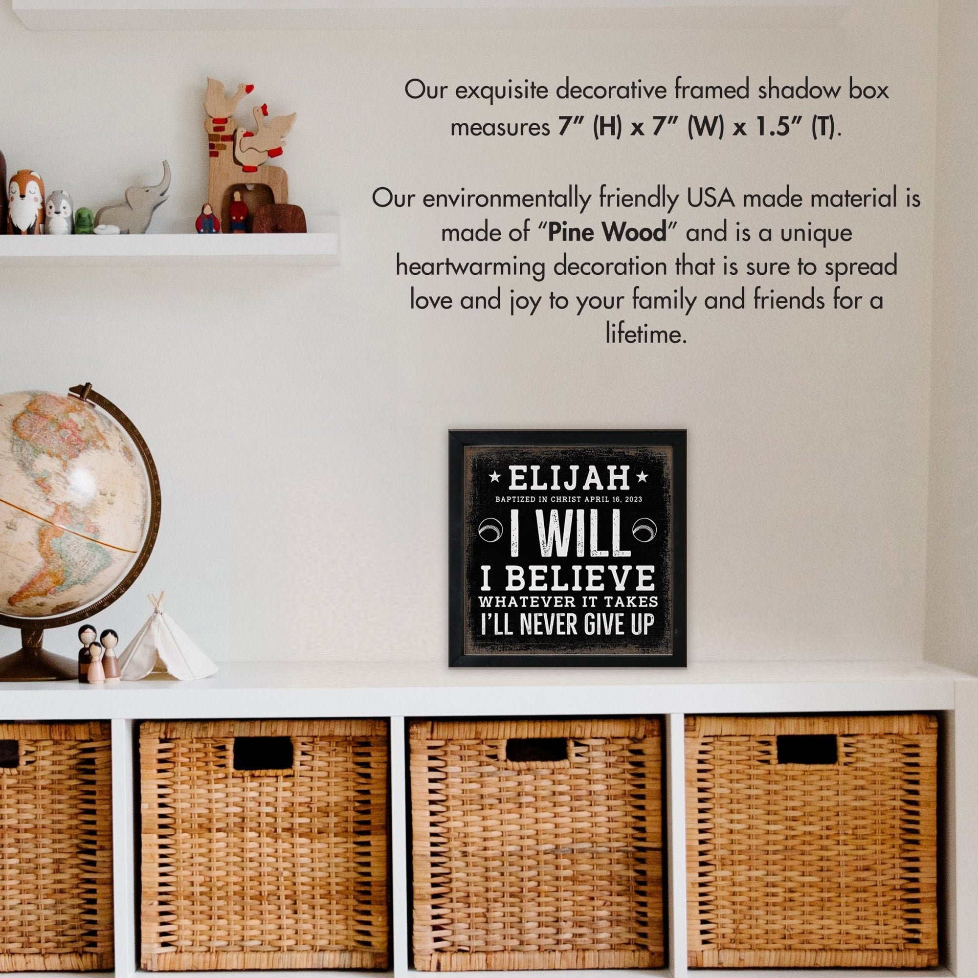 Personalized Rustic Wooden Baseball Shadow Box Shelf Décor With Inspiring Bible Verses - I Will, I Believe - LifeSong Milestones