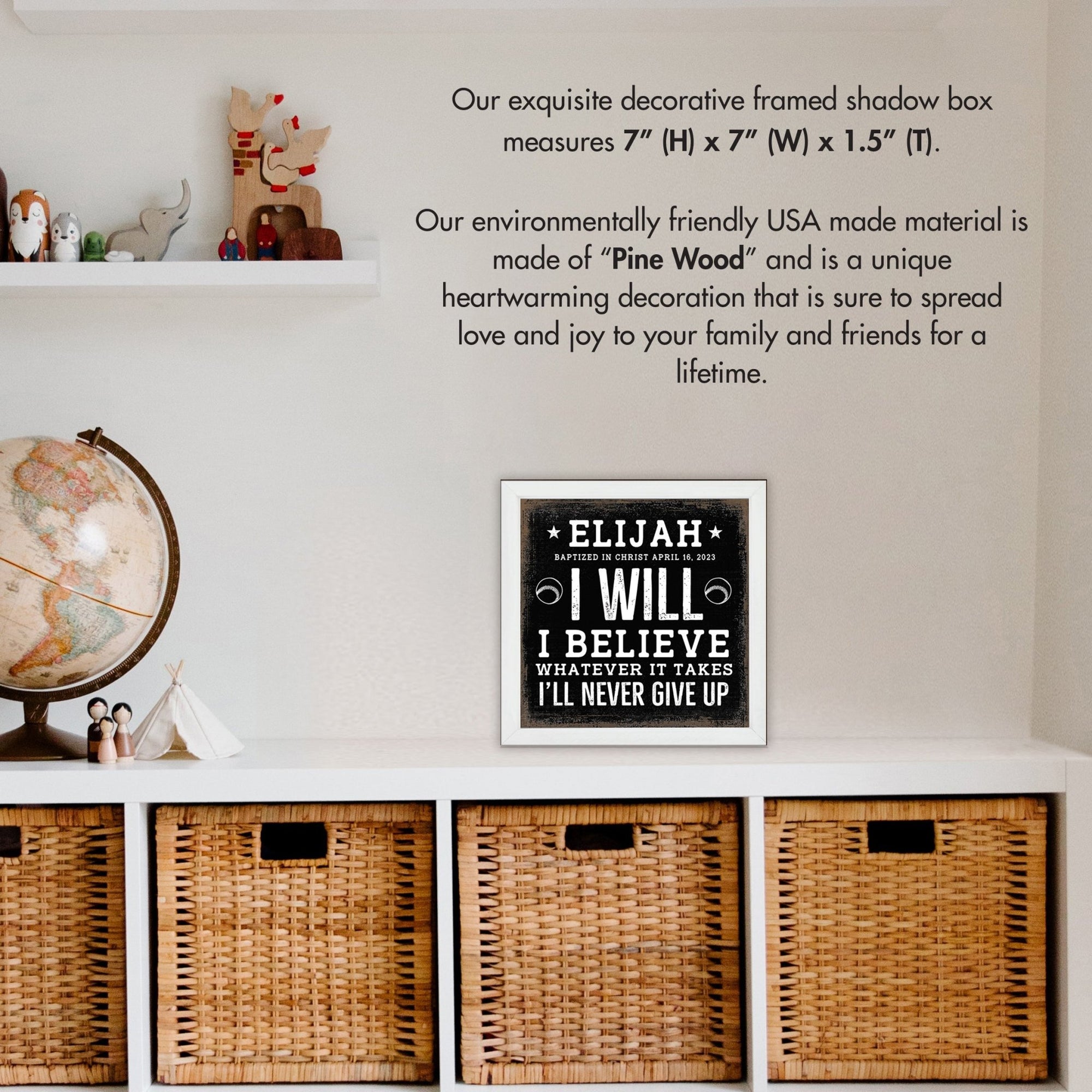 Personalized Rustic Wooden Baseball Shadow Box Shelf Décor With Inspiring Bible Verses - I Will, I Believe - LifeSong Milestones