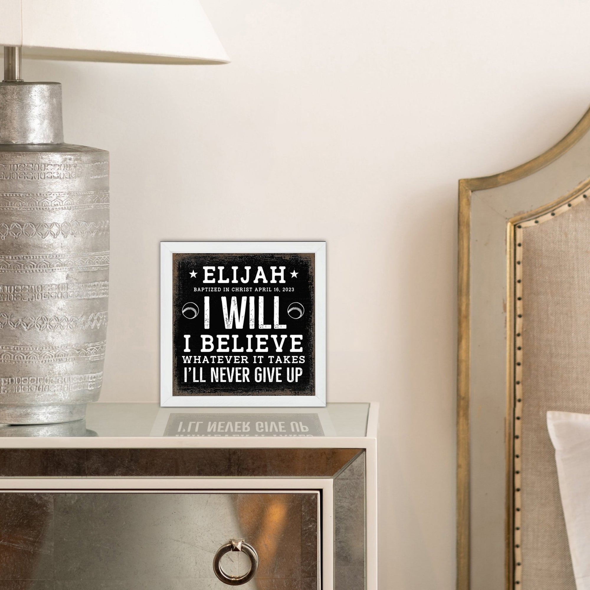 Personalized Rustic Wooden Baseball Shadow Box Shelf Décor With Inspiring Bible Verses - I Will, I Believe - LifeSong Milestones