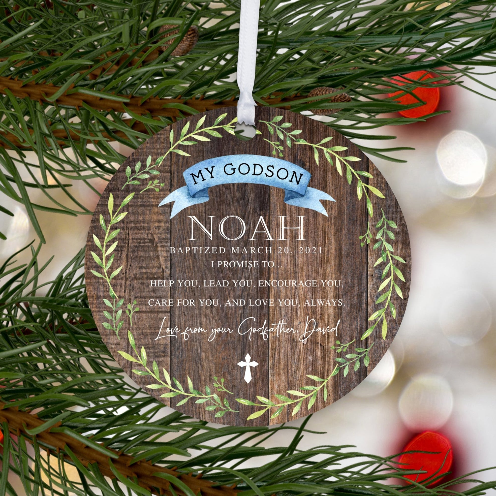 Personalized Unique Wooden Baptism Ornament Gift for Godson - I Promise To Help You - LifeSong Milestones