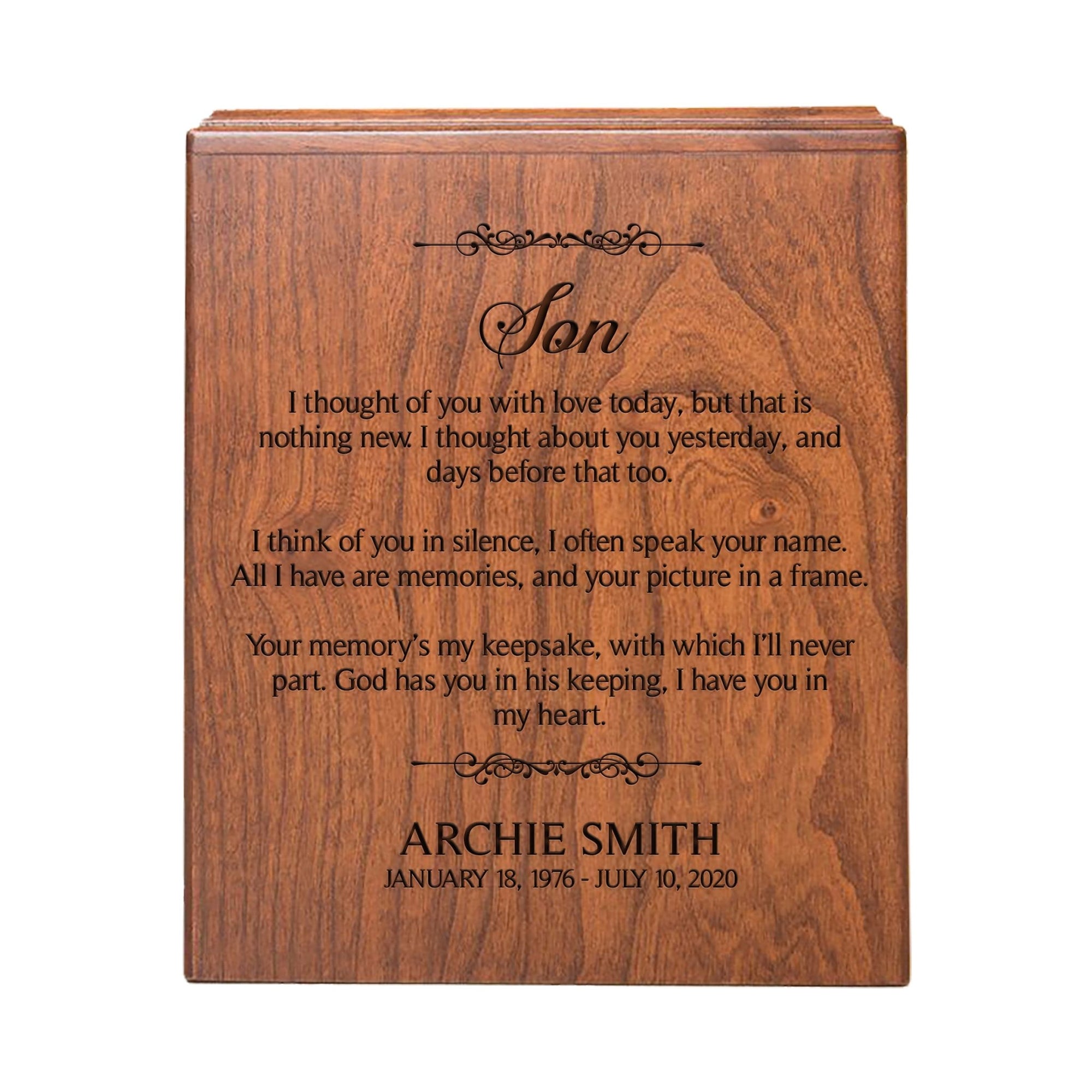 Handcrafted Engraved Cremation Urn for Son