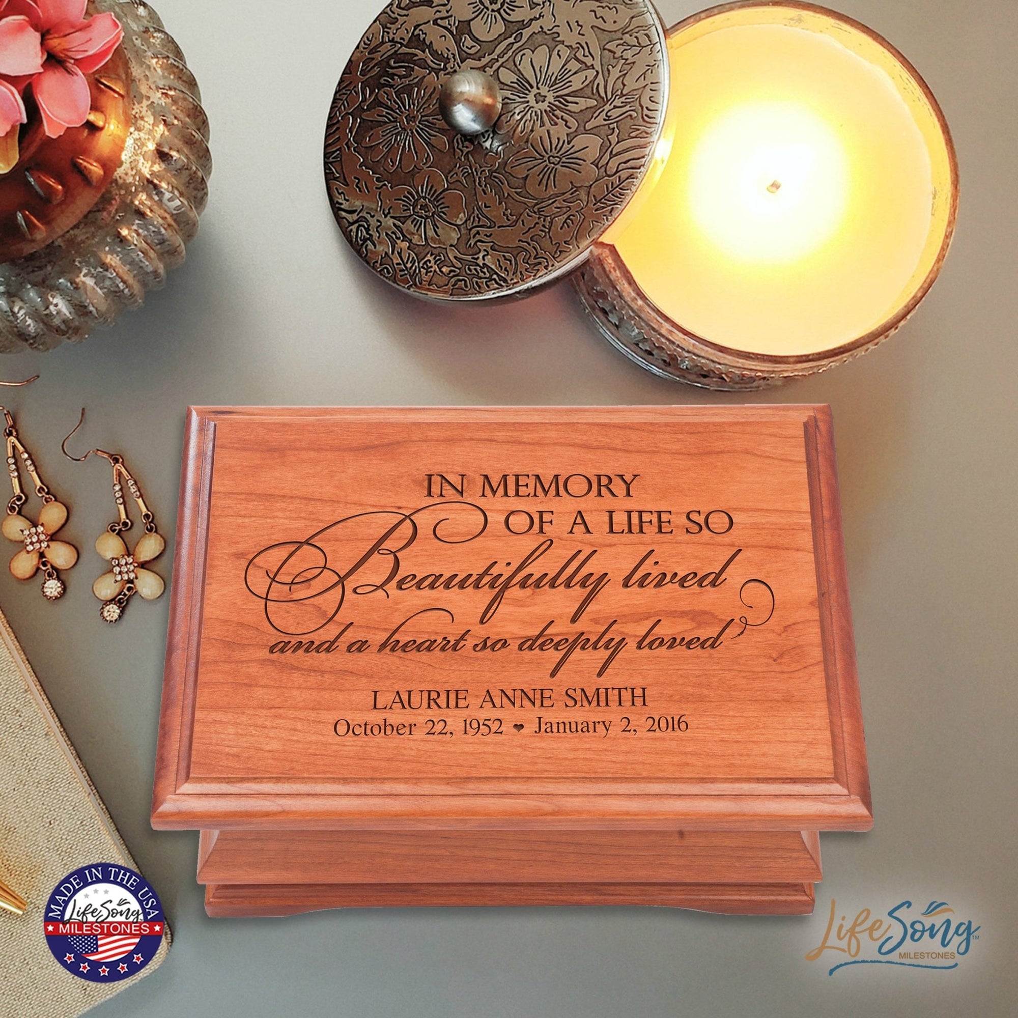 Personalized Wooden Memorial Jewelry Box Organizer 11.5x8.25 – In Memory Of A Life - LifeSong Milestones