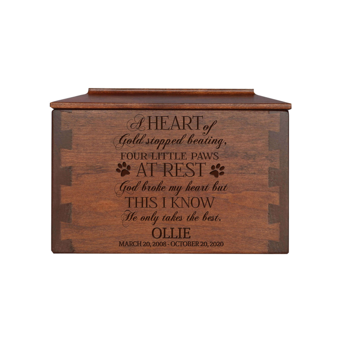 Pet Memorial Dovetail Cremation Urn Box for Dog or Cat - A Heart of Gold - LifeSong Milestones