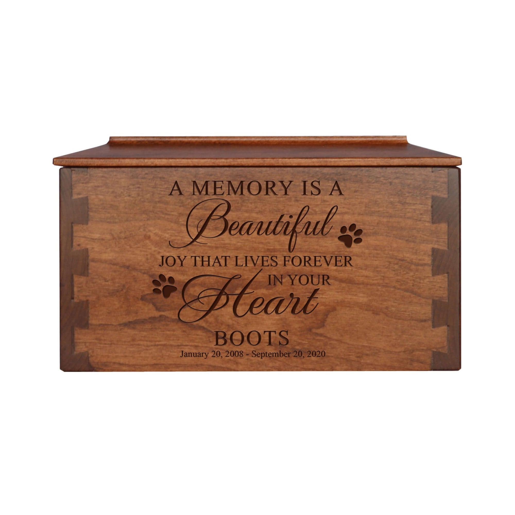 Pet Memorial Dovetail Cremation Urn Box for Dog or Cat - A Memory Is A Beautiful Joy - LifeSong Milestones