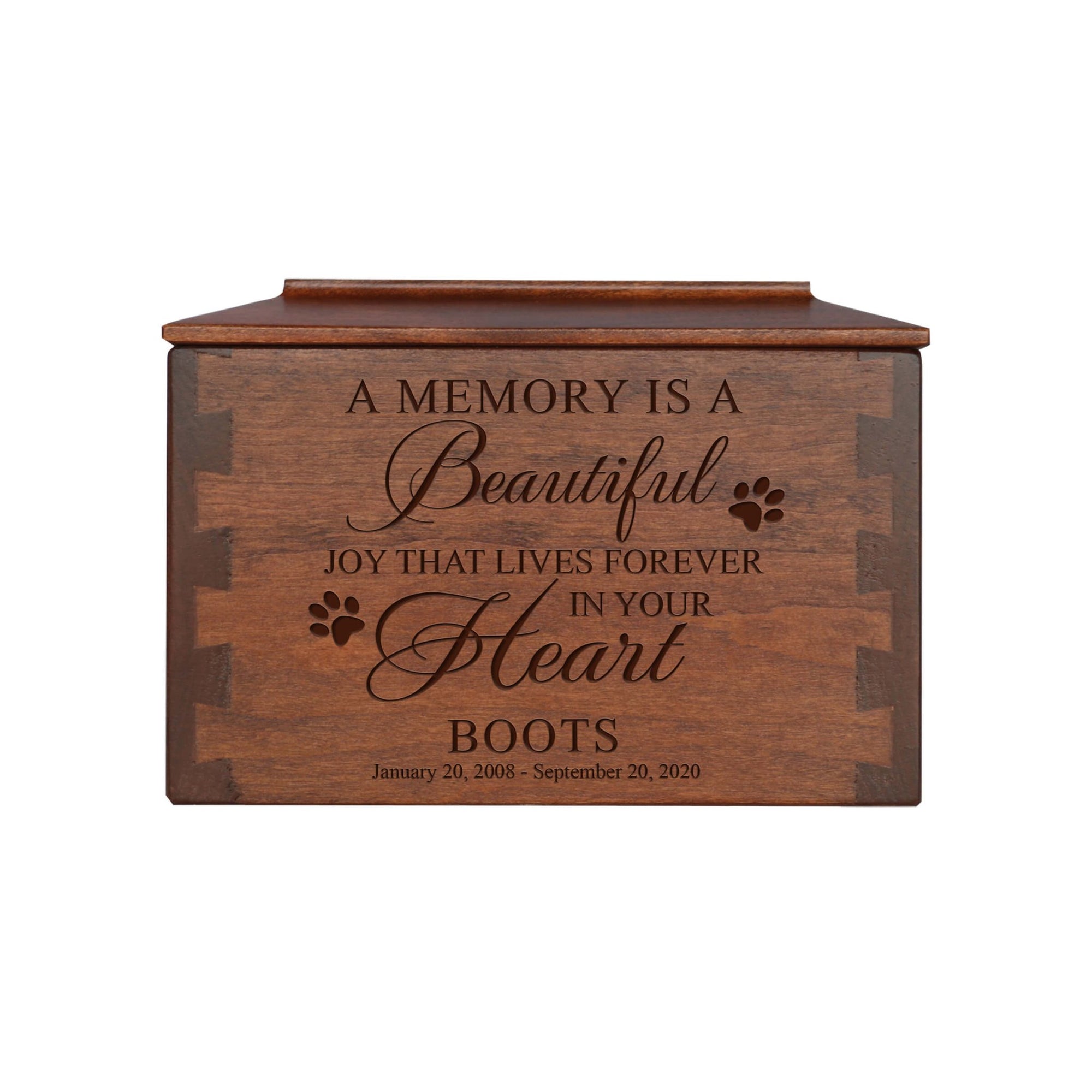 Pet Memorial Dovetail Cremation Urn Box for Dog or Cat - A Memory Is A Beautiful Joy - LifeSong Milestones