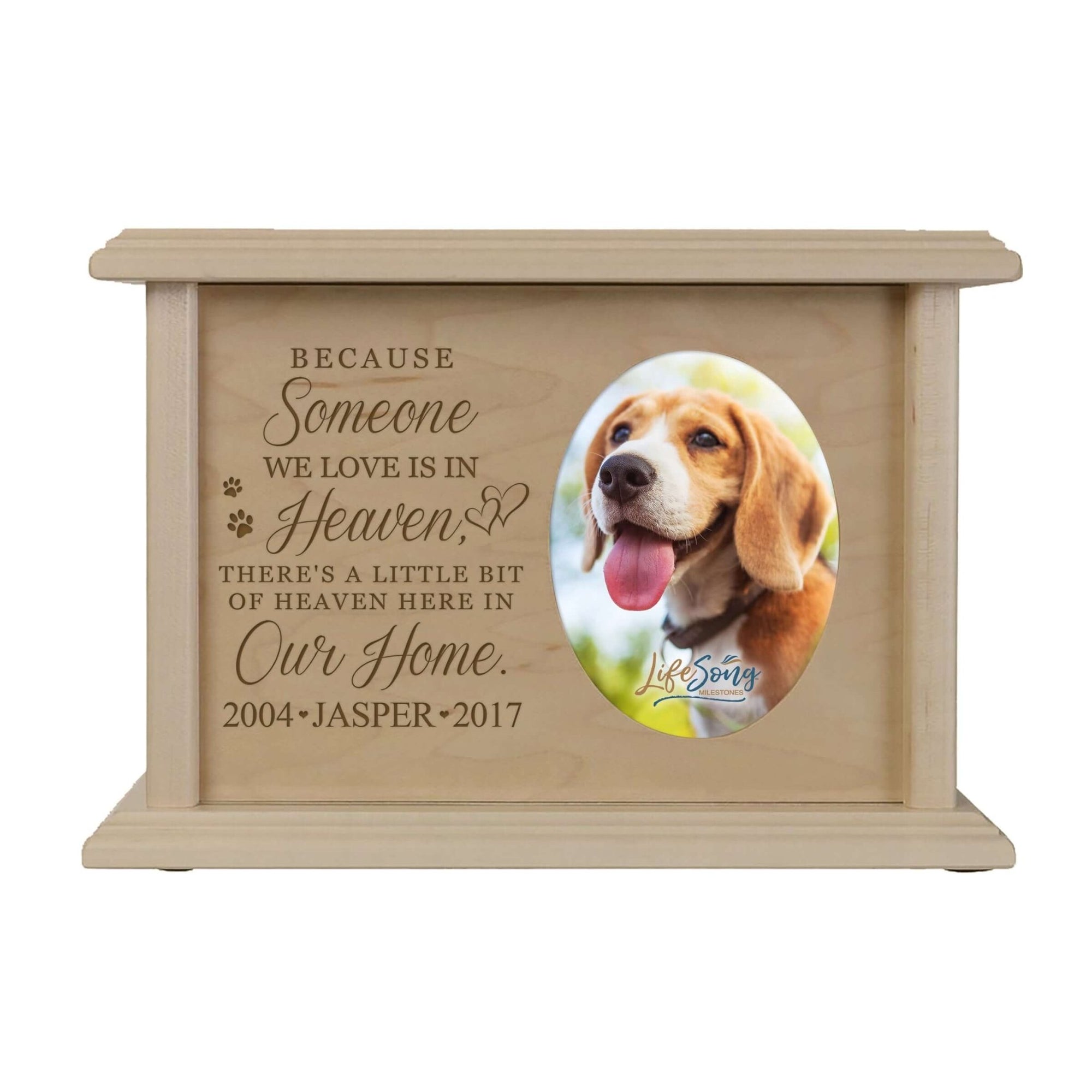 Pet Memorial Picture Cremation Urn Box for Dog or Cat - Because Someone We Love Is In Heaven - LifeSong Milestones