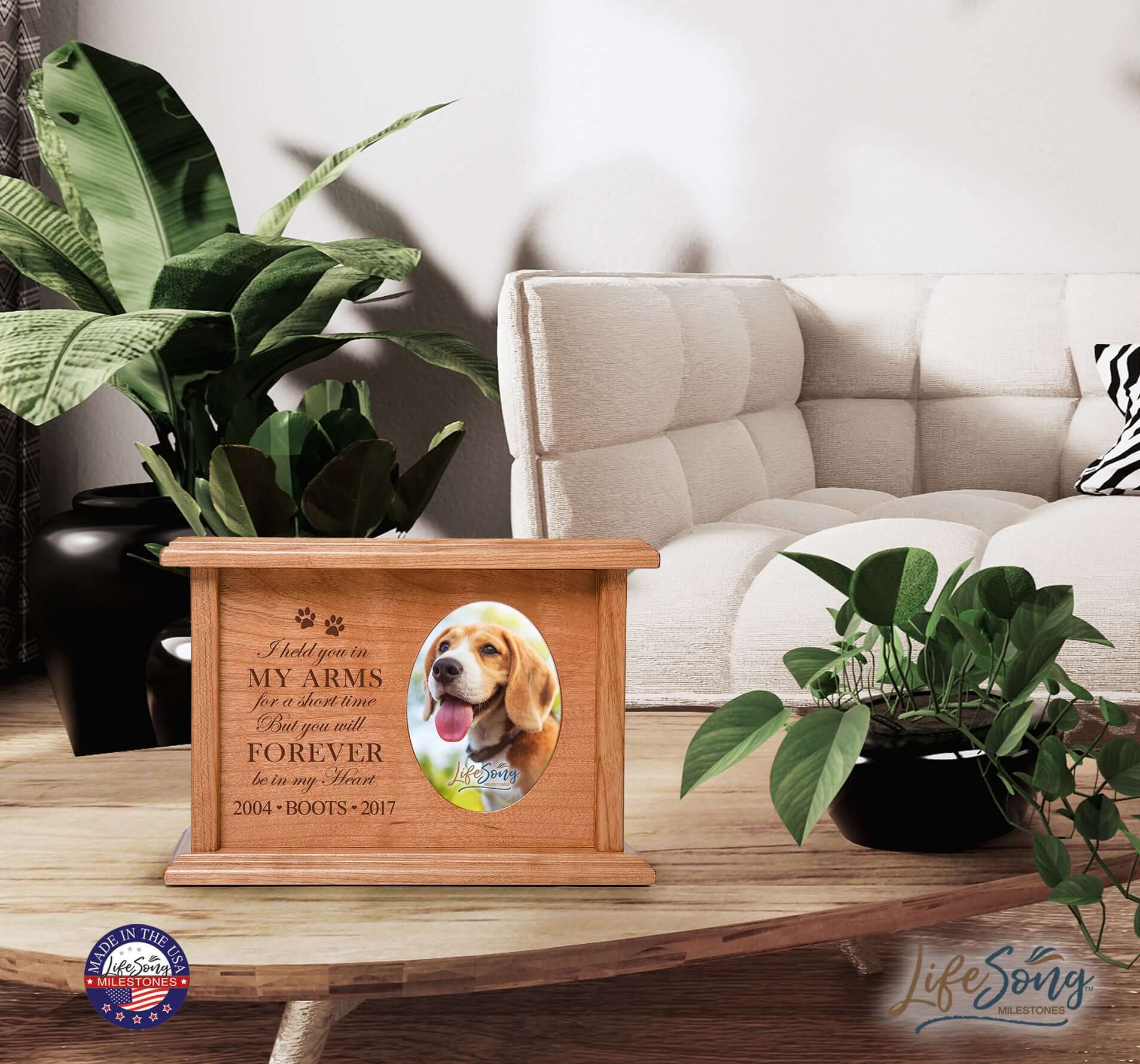 Pet Memorial Picture Cremation Urn Box for Dog or Cat - I Held You In My Arms - LifeSong Milestones