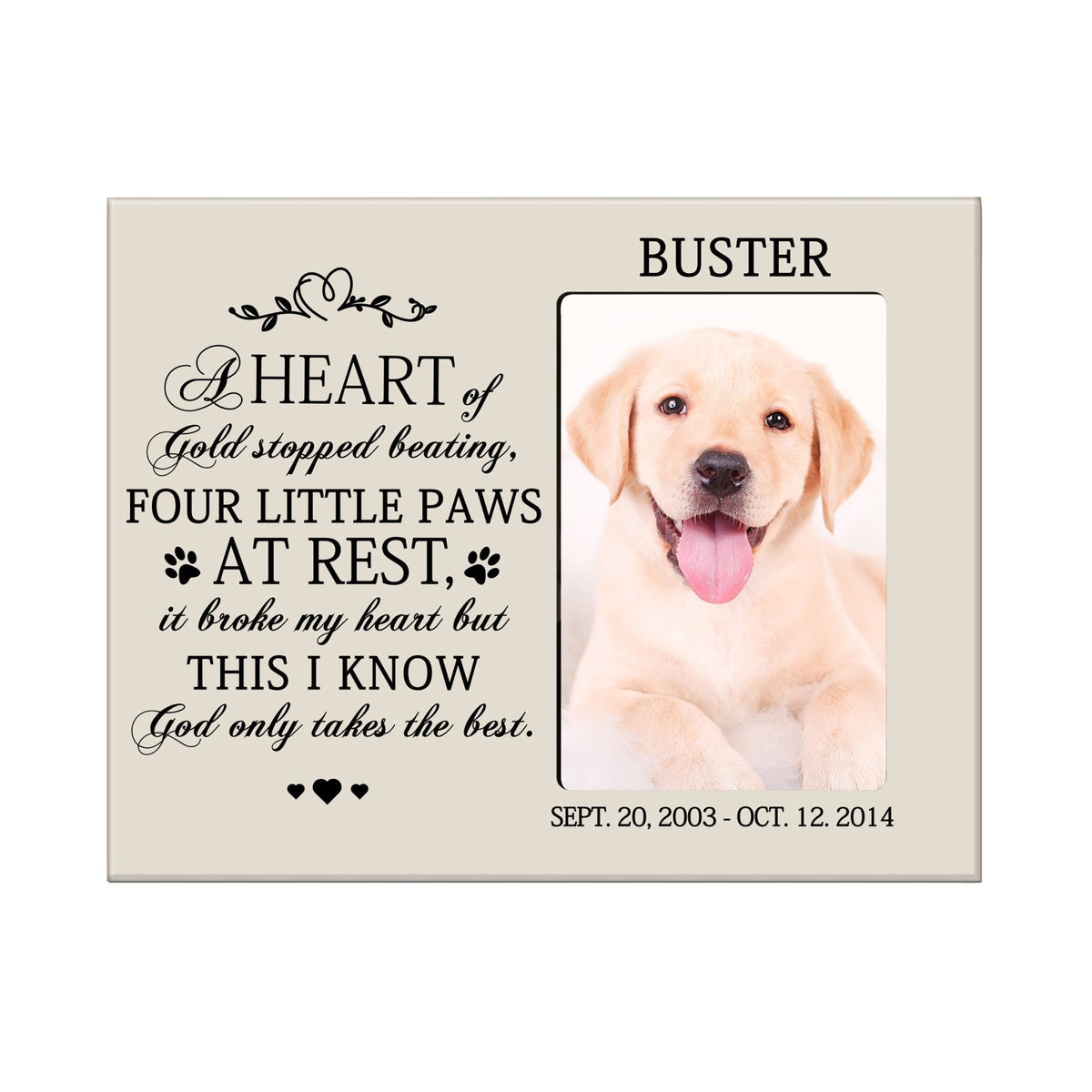 Pet Memorial Picture Frame - A Heart of Gold - LifeSong Milestones