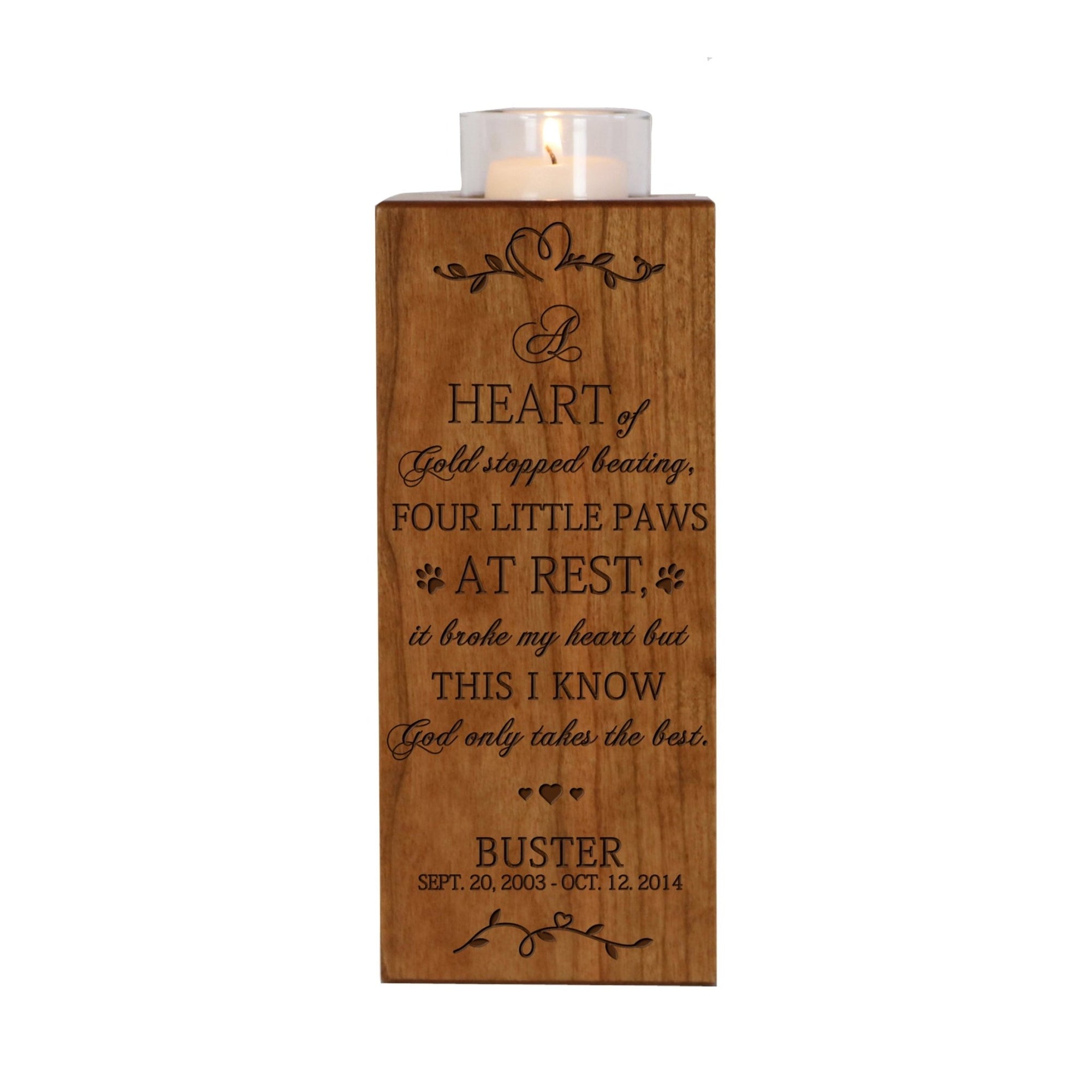 Pet Memorial Square Pillar Candle Holder - A Heart of Gold - LifeSong Milestones