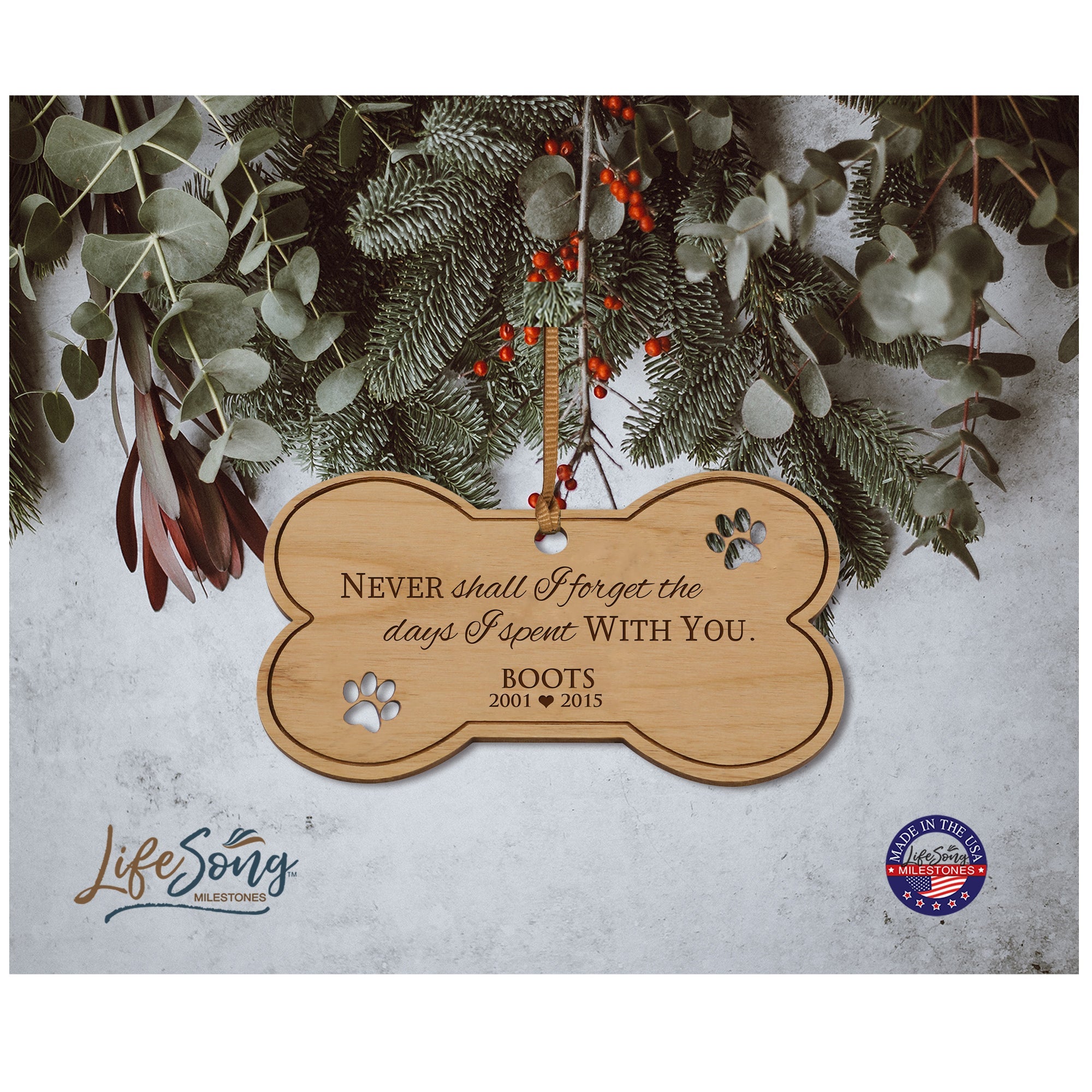 Pet Memorial Wooden Bone Ornament - Never Shall I Forget - LifeSong Milestones