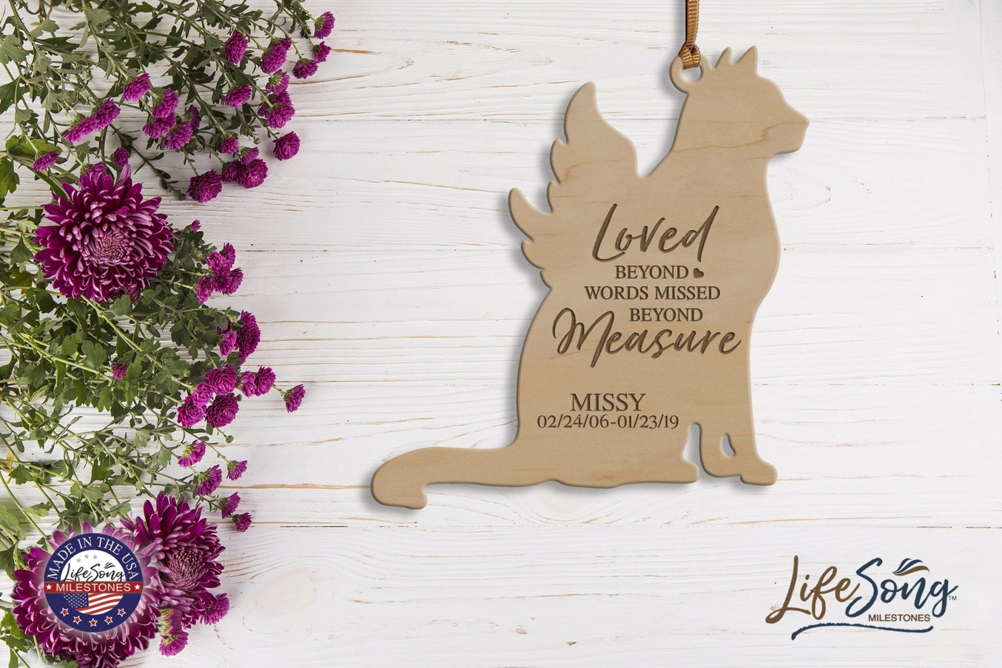 Pet Memorial Wooden Dog or Cat Ornament - Loved Beyond Words - LifeSong Milestones