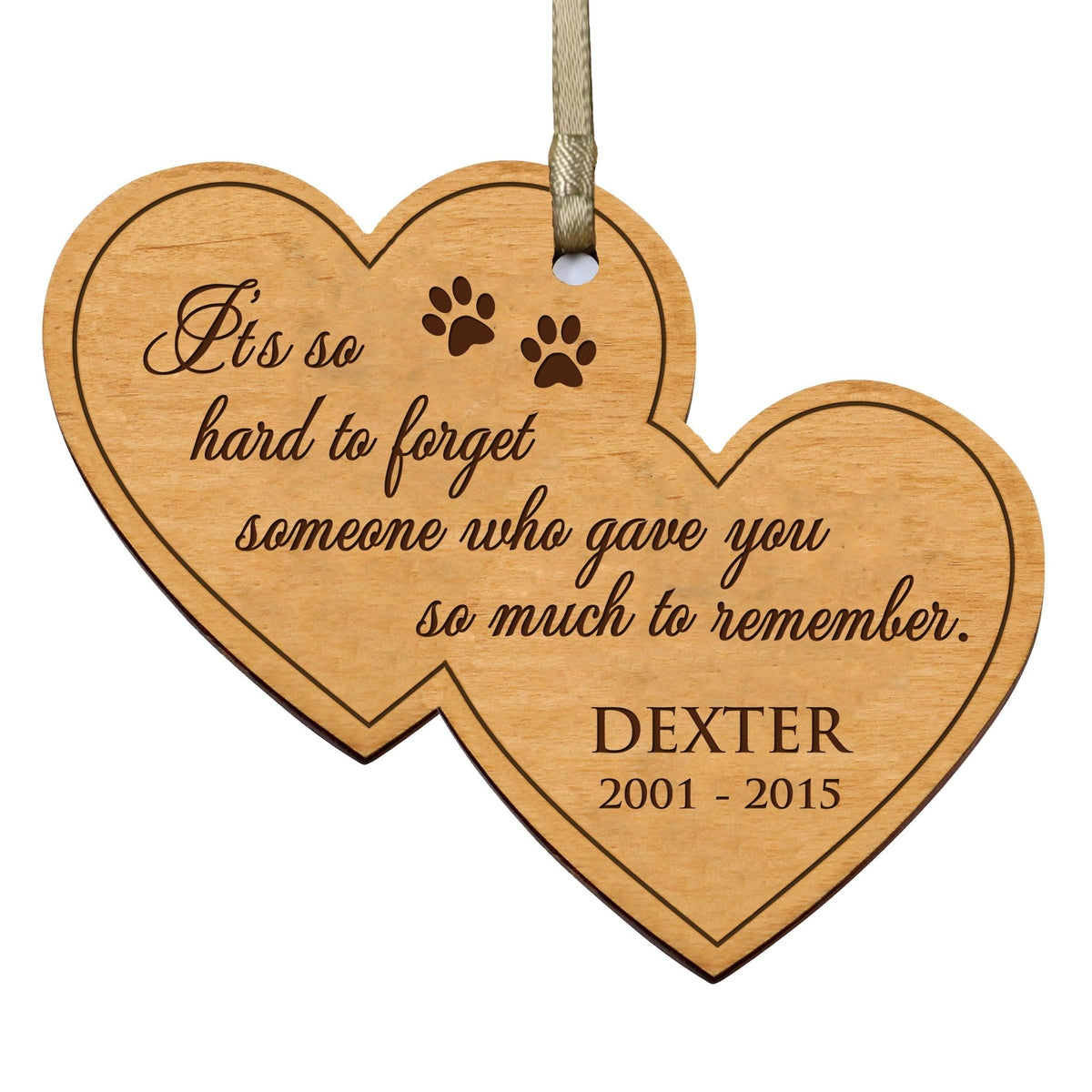 Pet Memorial Wooden Double Heart Ornament - It&#39;s So Hard To Forget - LifeSong Milestones