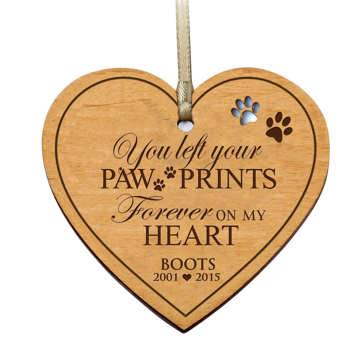 Pet Memorial Wooden Heart Ornament - You Left Your Paw Prints - LifeSong Milestones