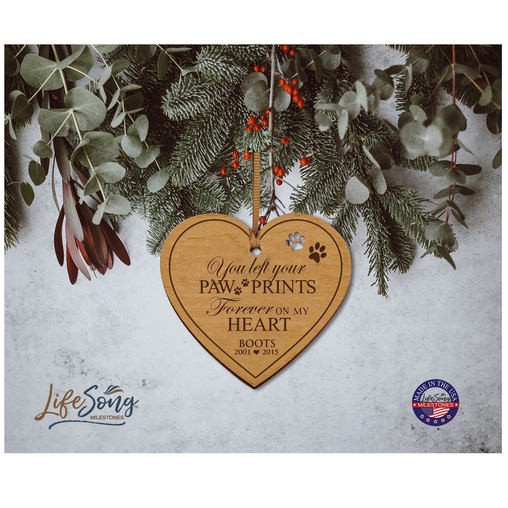 Pet Memorial Wooden Heart Ornament - You Left Your Paw Prints - LifeSong Milestones