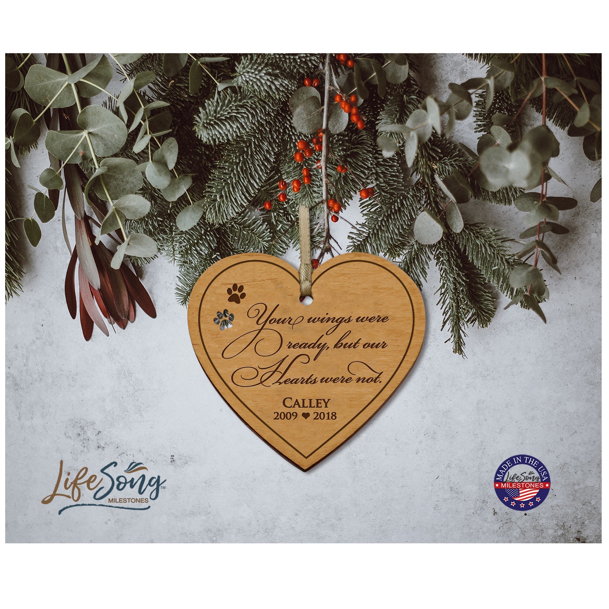 Pet Memorial Wooden Heart Ornament - Your Wings Were Ready - LifeSong Milestones