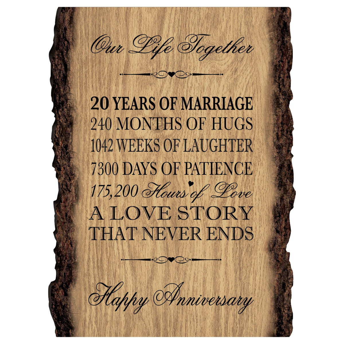 Rustic Wedding Anniversary 9x12 Barky Wall Plaque Gift For Parents, Grandparents New Couple - 20 Years Of Marriage - LifeSong Milestones