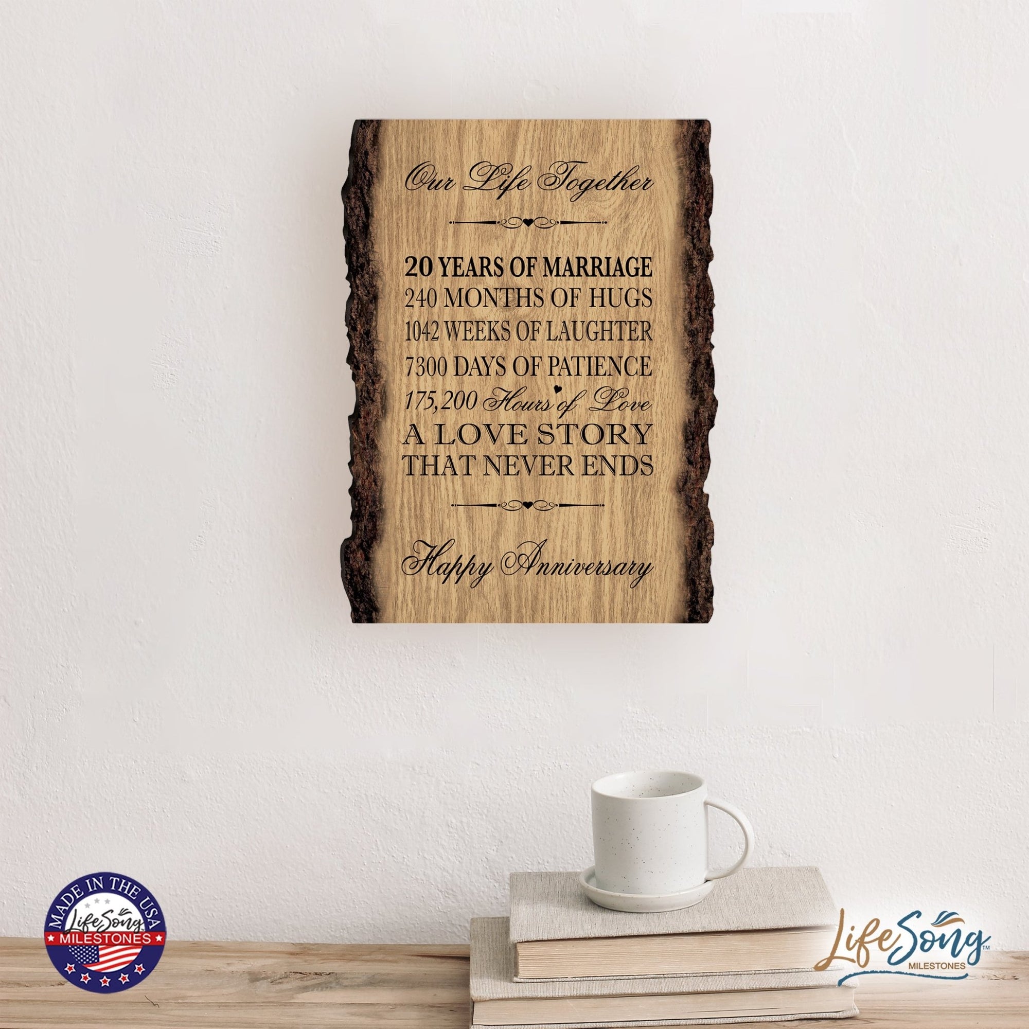 Rustic Wedding Anniversary 9x12 Barky Wall Plaque Gift For Parents, Grandparents New Couple - 20 Years Of Marriage - LifeSong Milestones