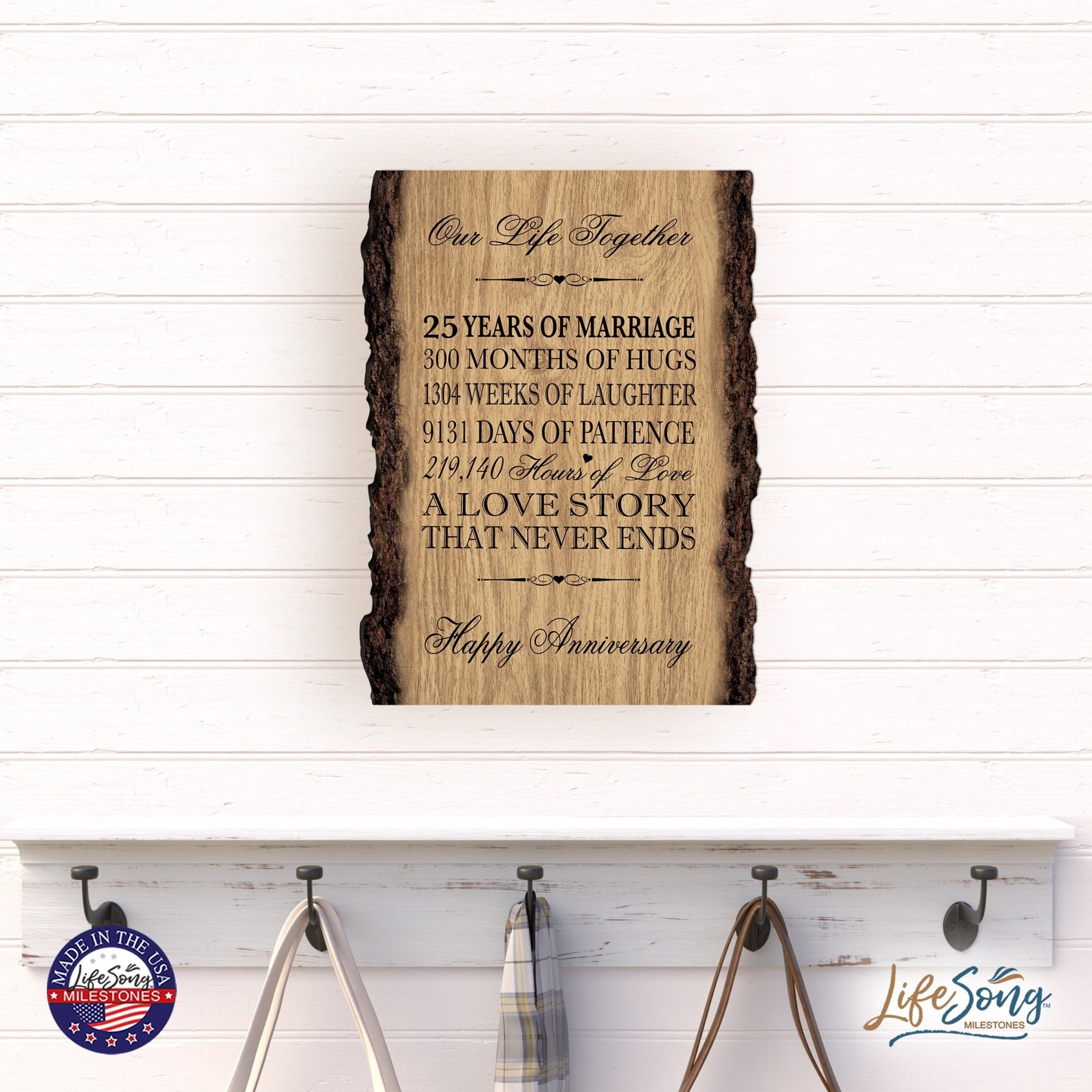 Rustic Wedding Anniversary 9x12 Barky Wall Plaque Gift For Parents, Grandparents New Couple - 25 Years Of Marriage - LifeSong Milestones