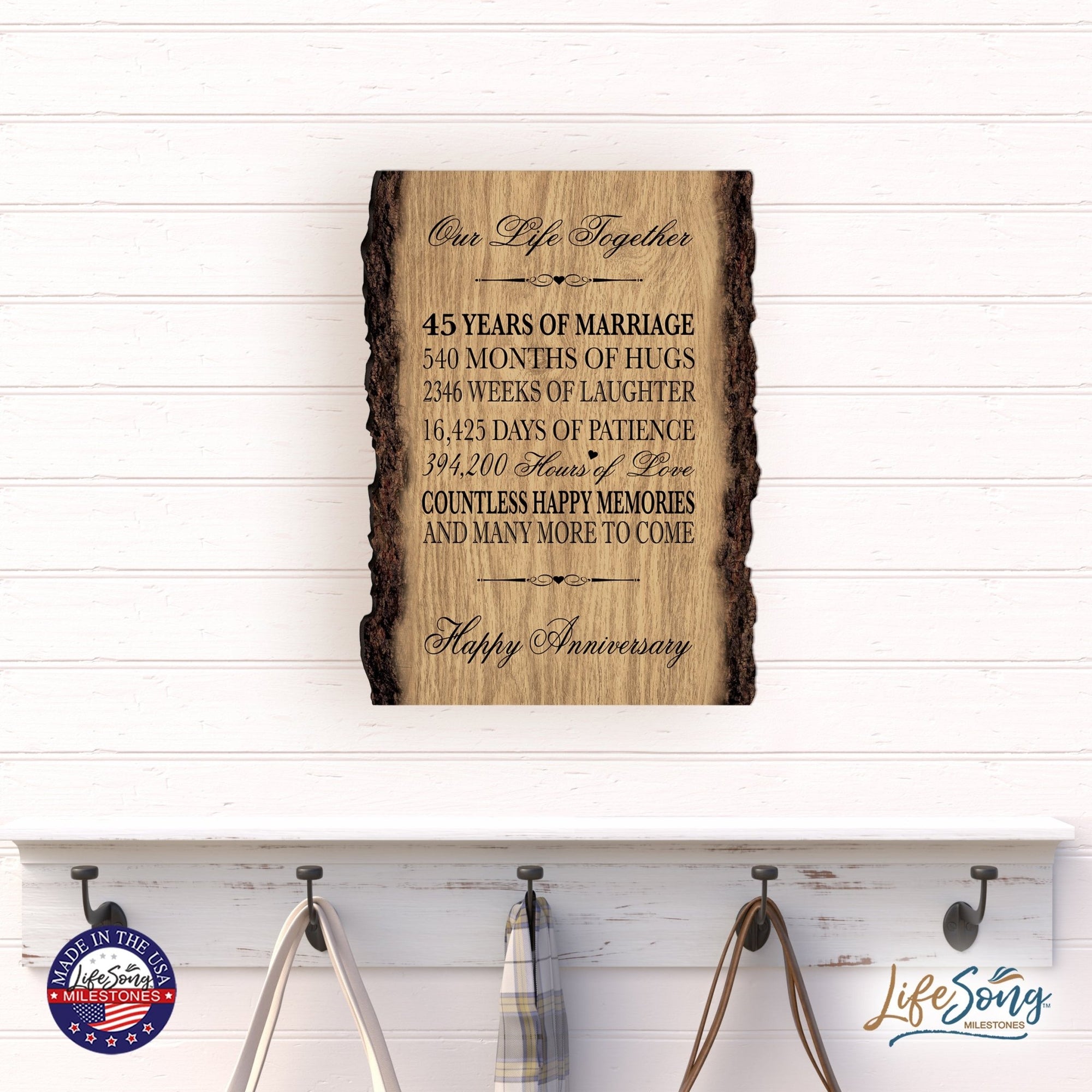 Rustic Wedding Anniversary 9x12 Barky Wall Plaque Gift For Parents, Grandparents New Couple - 45 Years Of Marriage - LifeSong Milestones