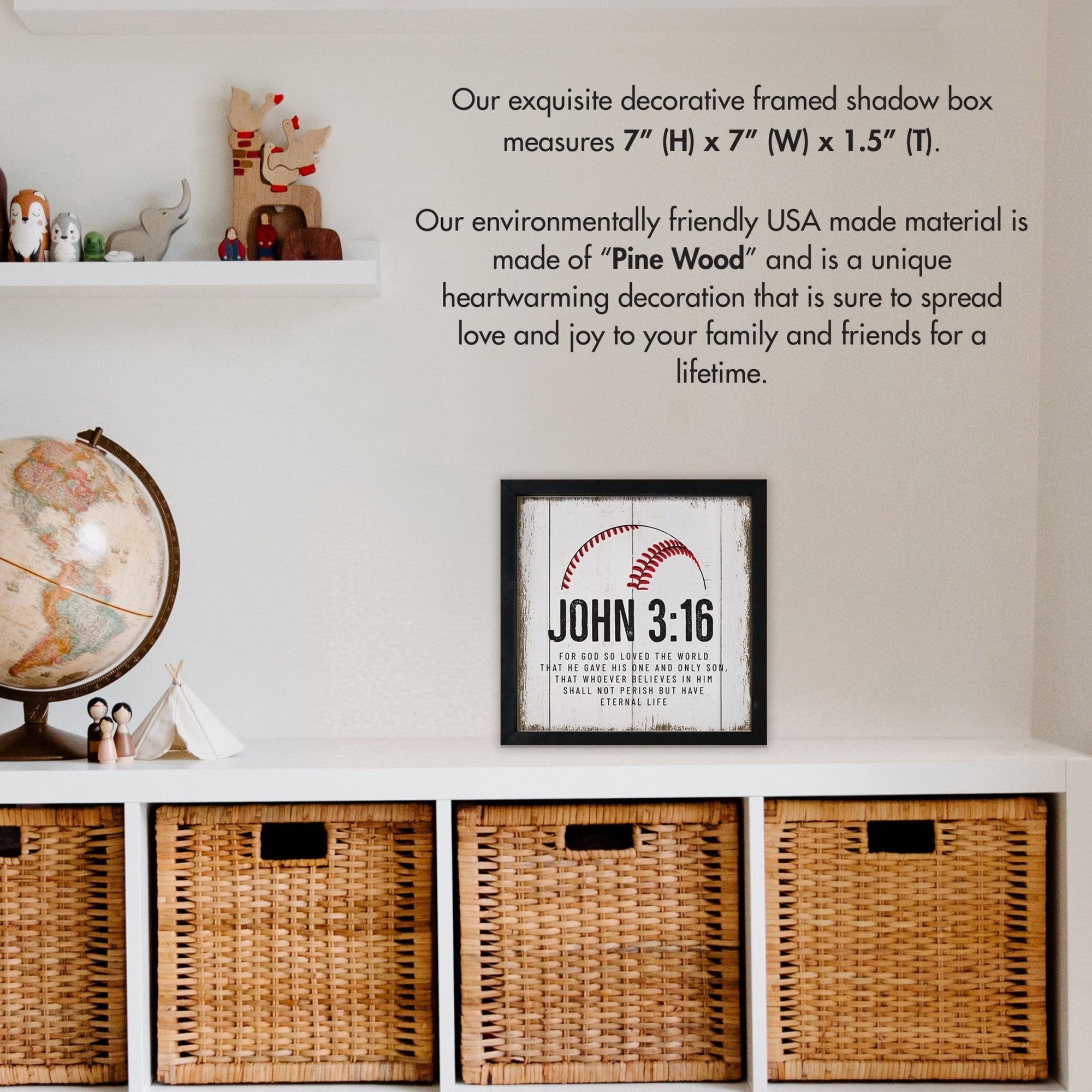 Rustic Wooden Baseball Framed Shadow Box Shelf Décor With Inspiring Bible Verses - John 3:16 - LifeSong Milestones