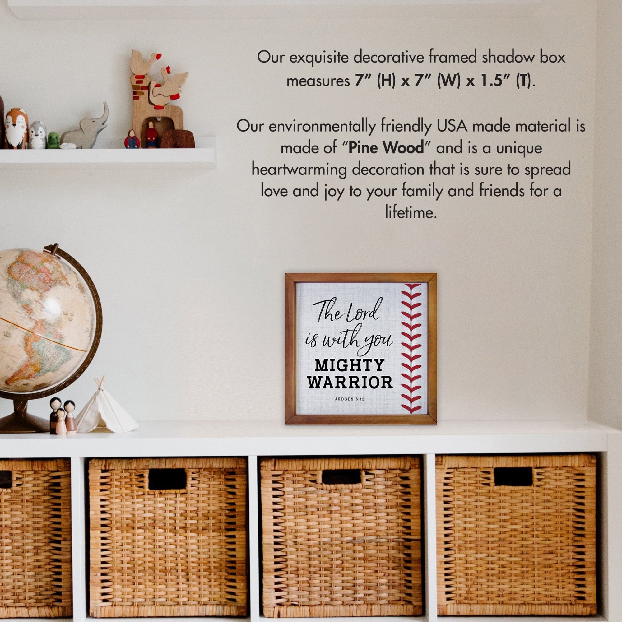 Rustic Wooden Baseball Framed Shadow Box Shelf Décor With Inspiring Bible Verses - Mighty Warrior - LifeSong Milestones