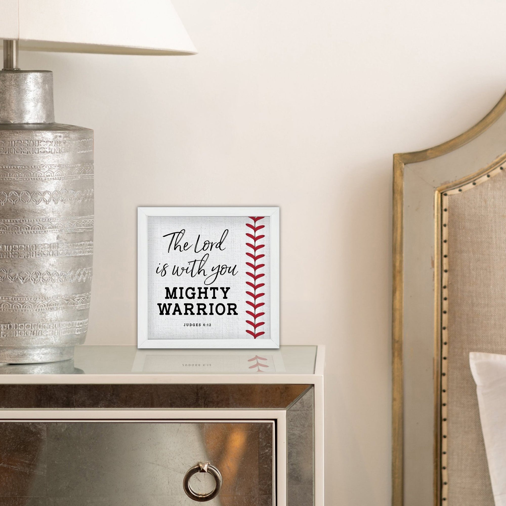 Rustic Wooden Baseball Framed Shadow Box Shelf Décor With Inspiring Bible Verses - Mighty Warrior - LifeSong Milestones