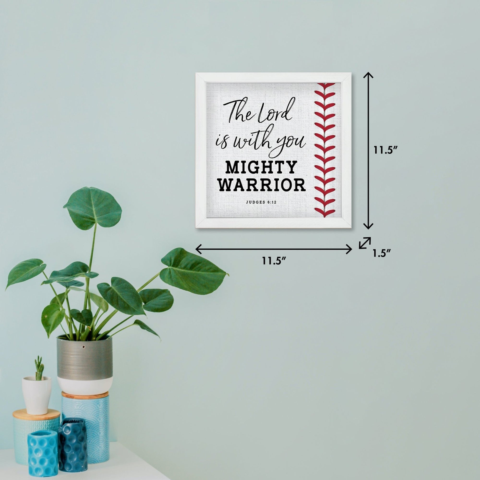 Rustic Wooden Baseball Framed Shadow Box Shelf Décor With Inspiring Bible Verses - Mighty Warrior - LifeSong Milestones