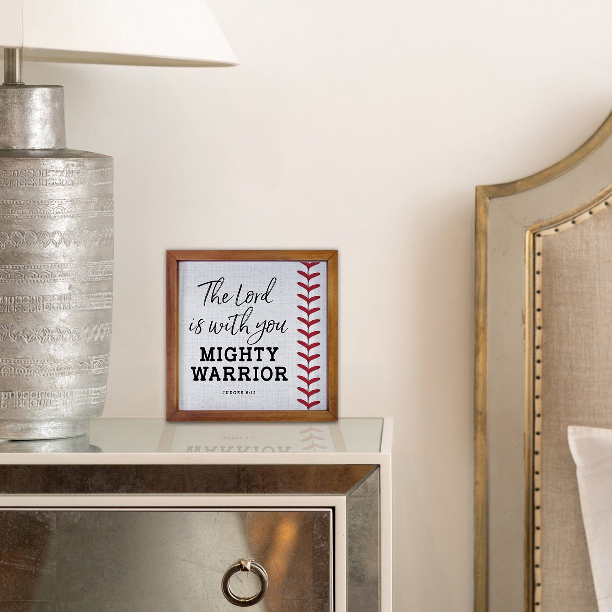 Rustic Wooden Baseball Framed Shadow Box Shelf Décor With Inspiring Bible Verses - Mighty Warrior - LifeSong Milestones