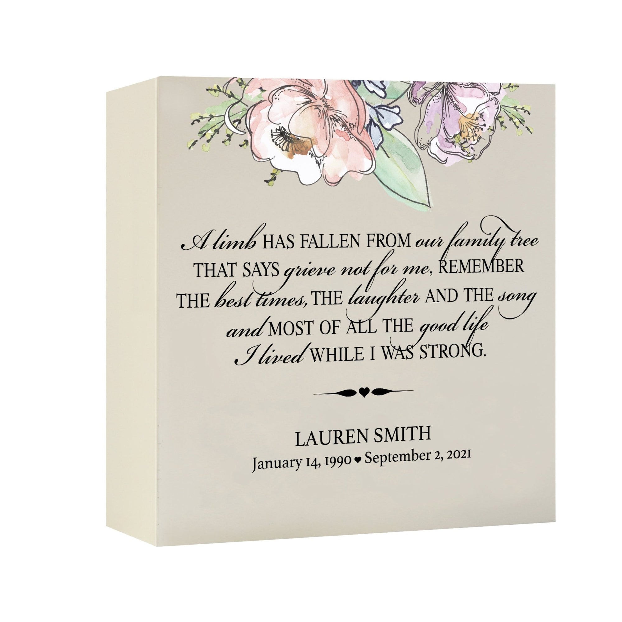 Timeless Human Memorial Shadow Box Urn With Inspirational Verse in Ivory - A Limb Has Fallen - LifeSong Milestones